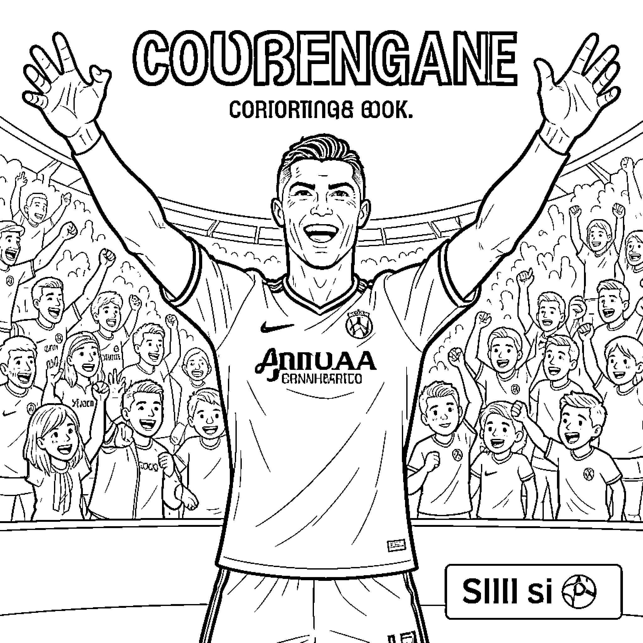 Cristiano Ronaldo celebrating a victory with cheering fans Coloring Page (free black-and-white line drawing printable PDF for all, from beginners to advanced learners, including children, teens, adults, and seniors)