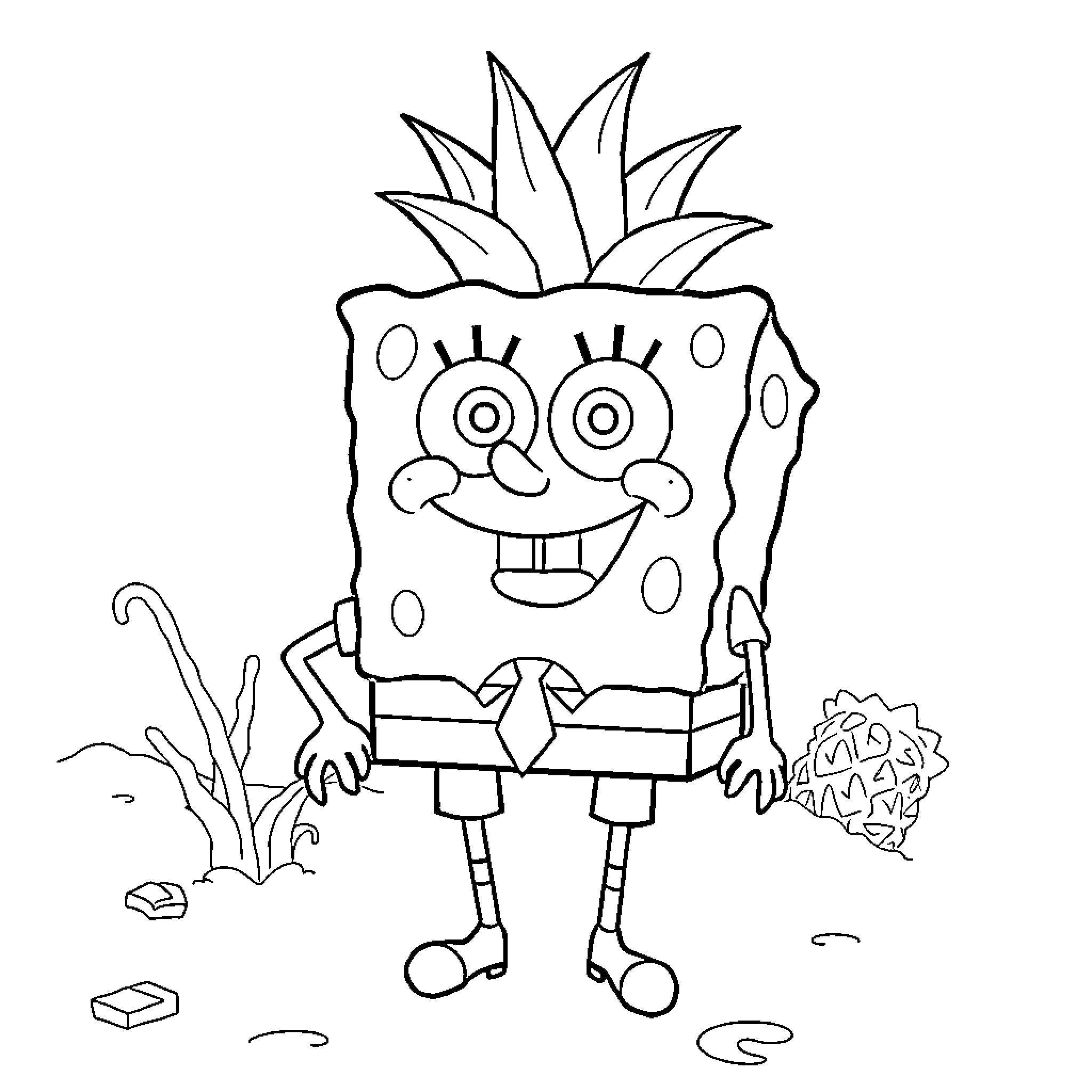 Spongebob exploring the outdoors happily Coloring Page (free black-and-white line drawing printable PDF for all, from beginners to advanced learners, including children, teens, adults, and seniors)