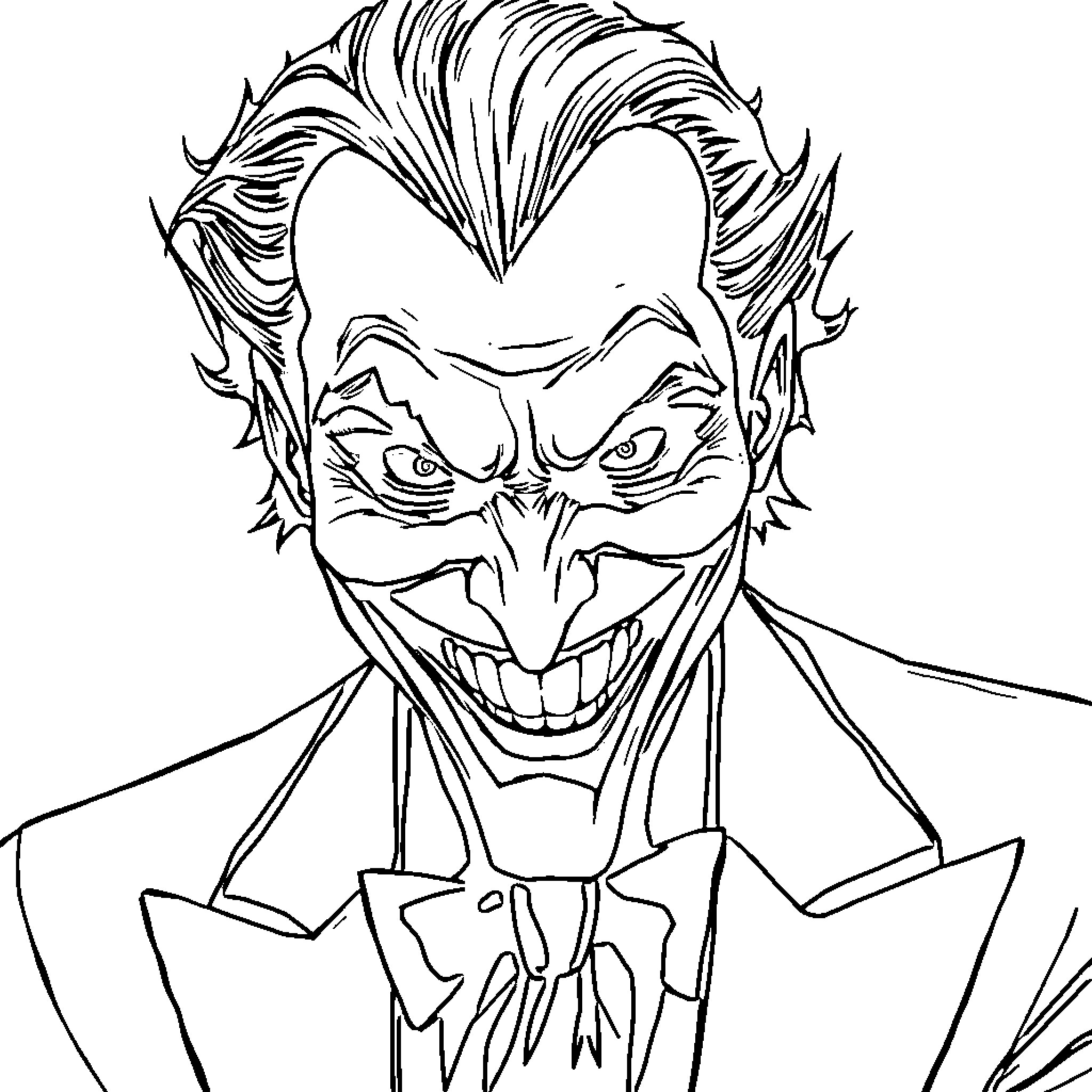 Joker's Twisted Grin and Maniacal Expression Coloring Page (free black-and-white line drawing printable PDF for all, from beginners to advanced learners, including children, teens, adults, and seniors)