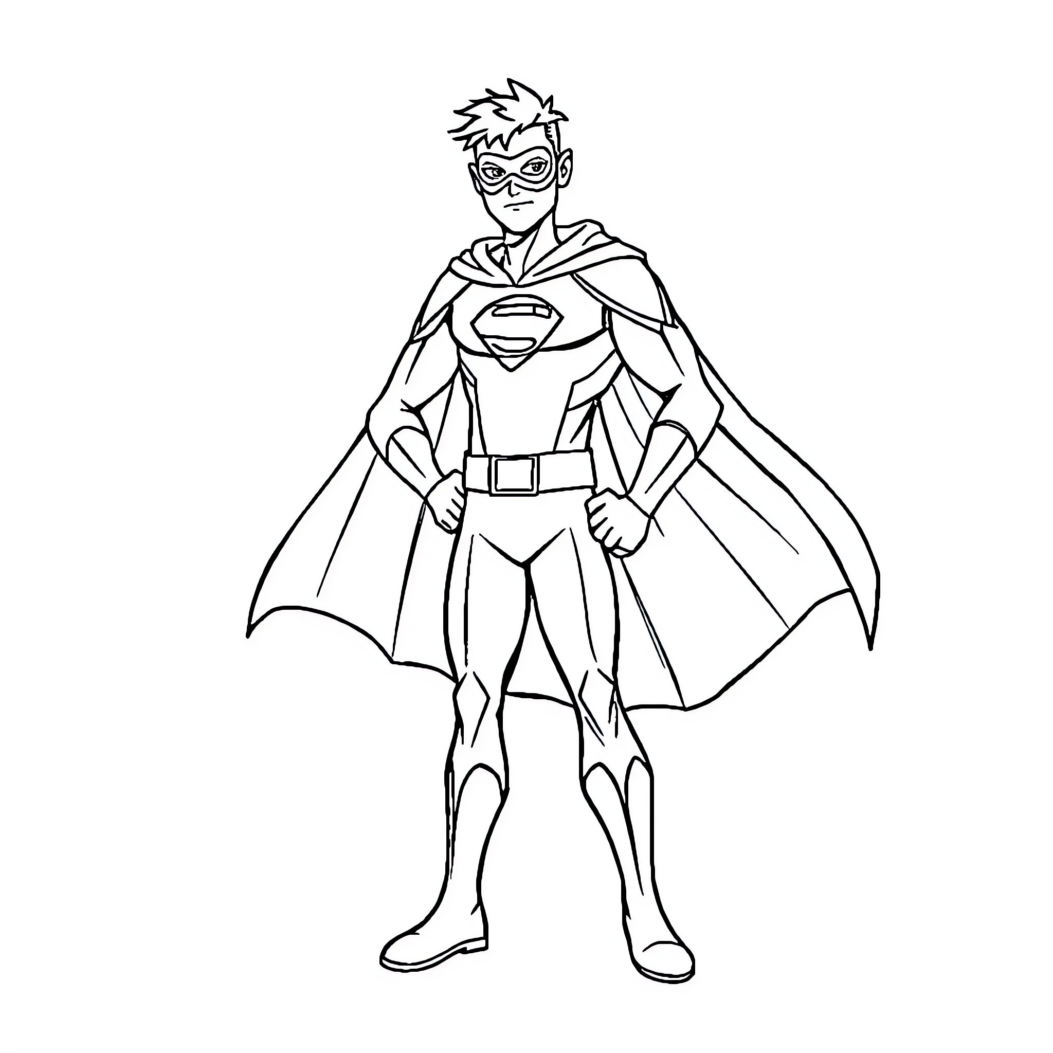 Super Hero in Heroic Pose with Cape Coloring Page (free black-and-white line drawing printable PDF for all, from beginners to advanced learners, including children, teens, adults, and seniors)