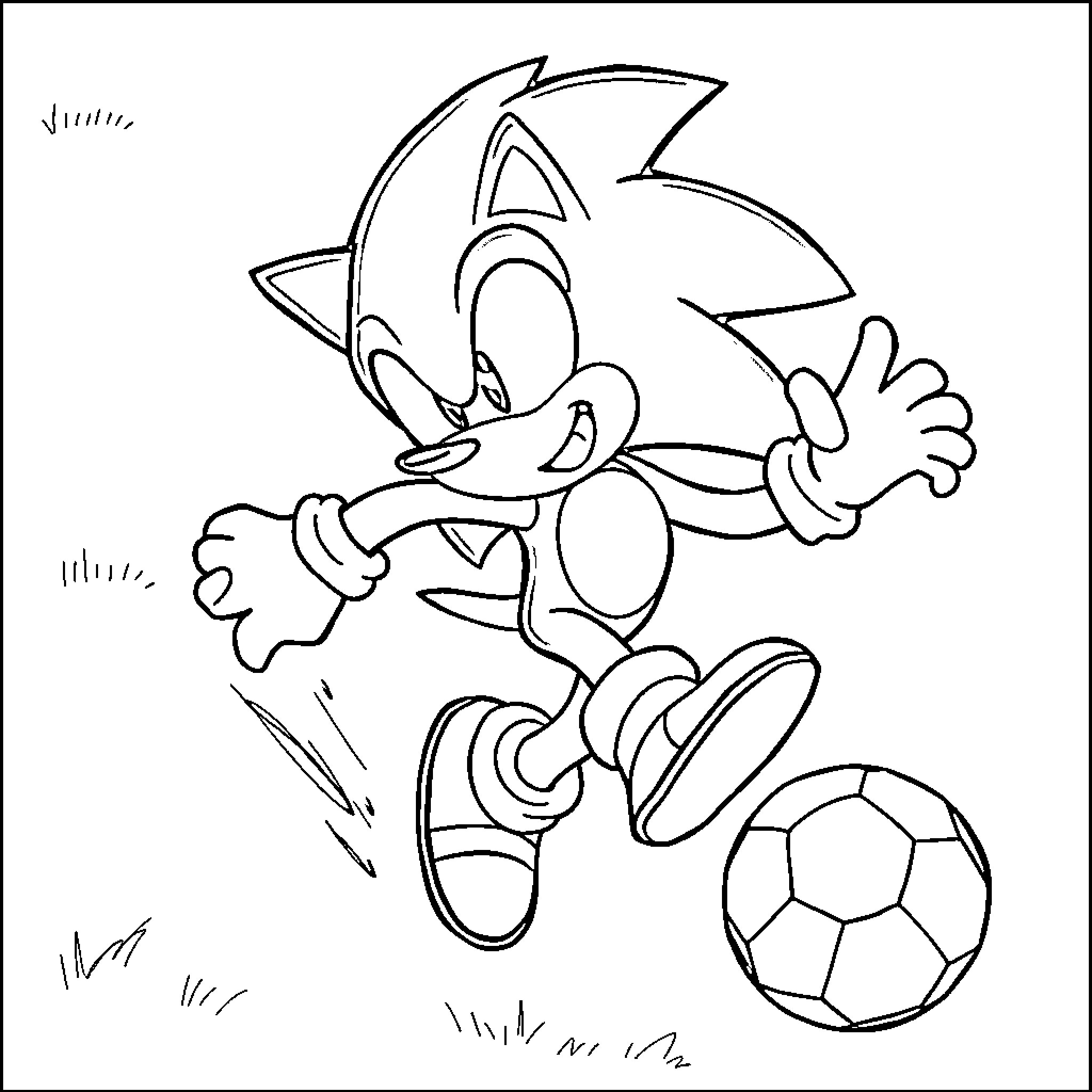 Sonic playfully kicking a soccer ball Coloring Page (free black-and-white line drawing printable PDF for all, from beginners to advanced learners, including children, teens, adults, and seniors)