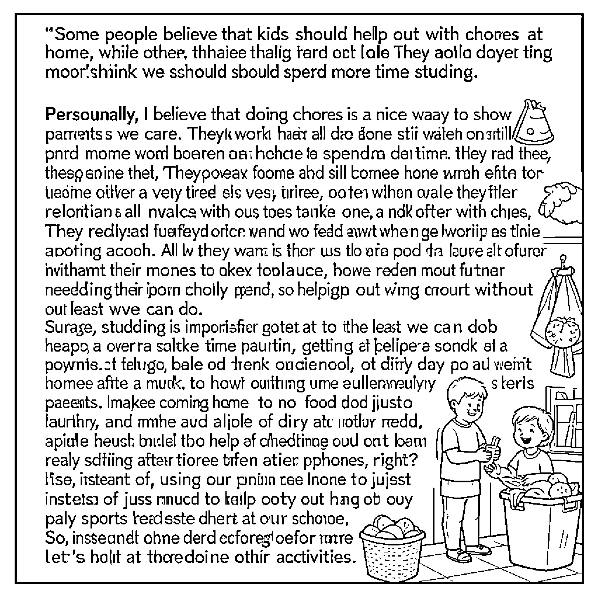 Chores discussed through a long written text passage Coloring Page (free black-and-white line drawing printable PDF for all, from beginners to advanced learners, including children, teens, adults, and seniors)