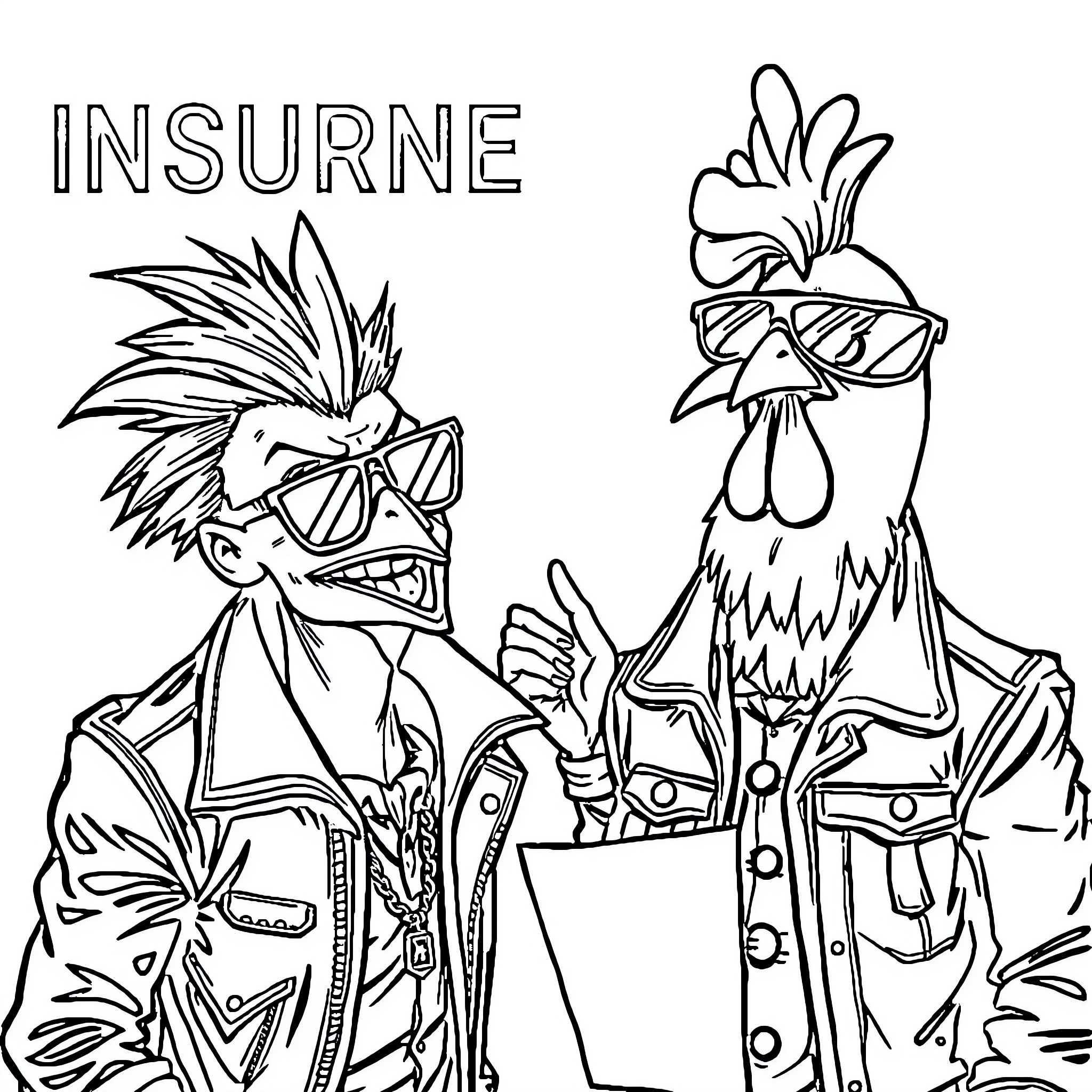 Punk Rockers in Quirky Outfits Coloring Page (free black-and-white line drawing printable PDF for all, from beginners to advanced learners, including children, teens, adults, and seniors)