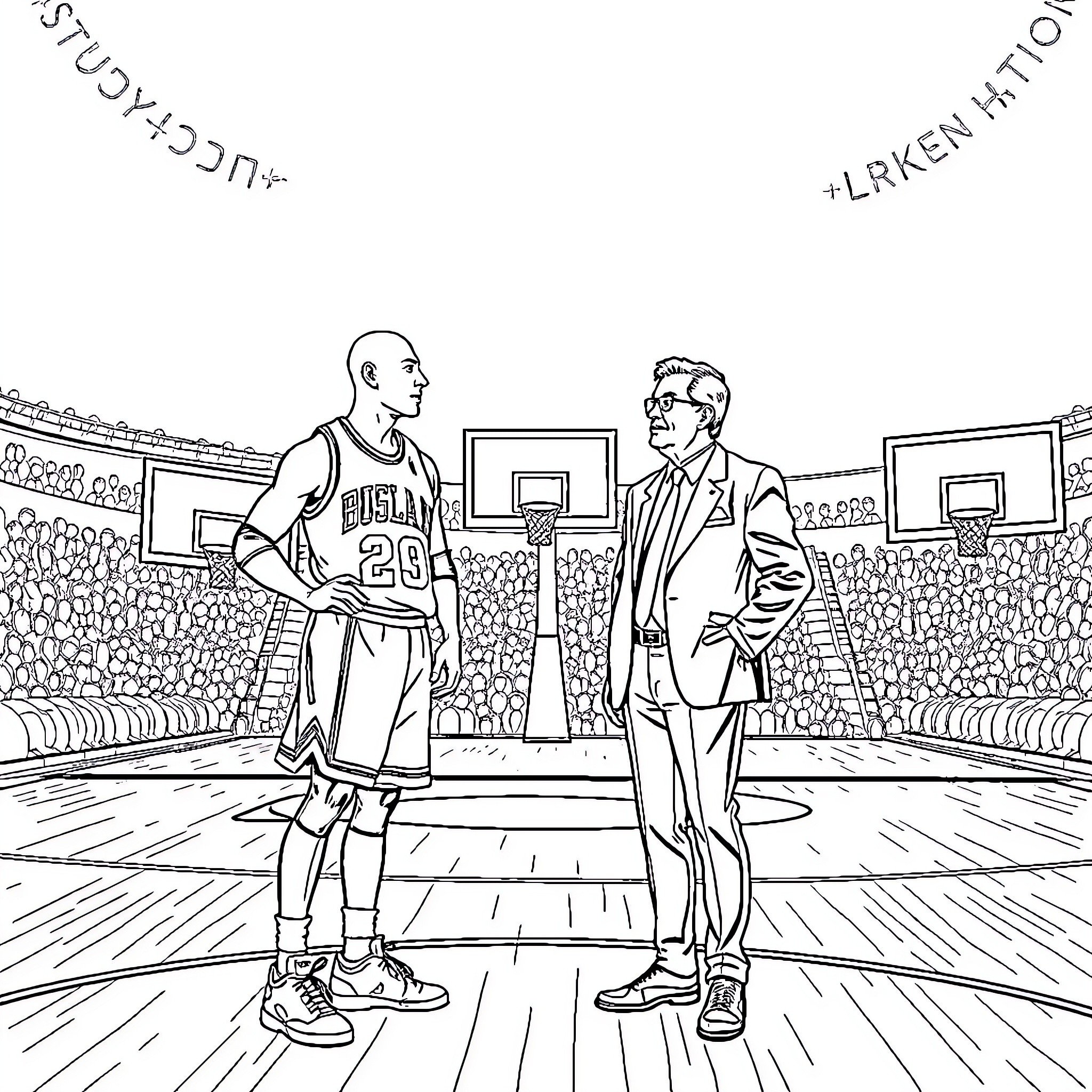 Michael Jordan and Basketball Coach on the Court Coloring Page (free black-and-white line drawing printable PDF for all, from beginners to advanced learners, including children, teens, adults, and seniors)