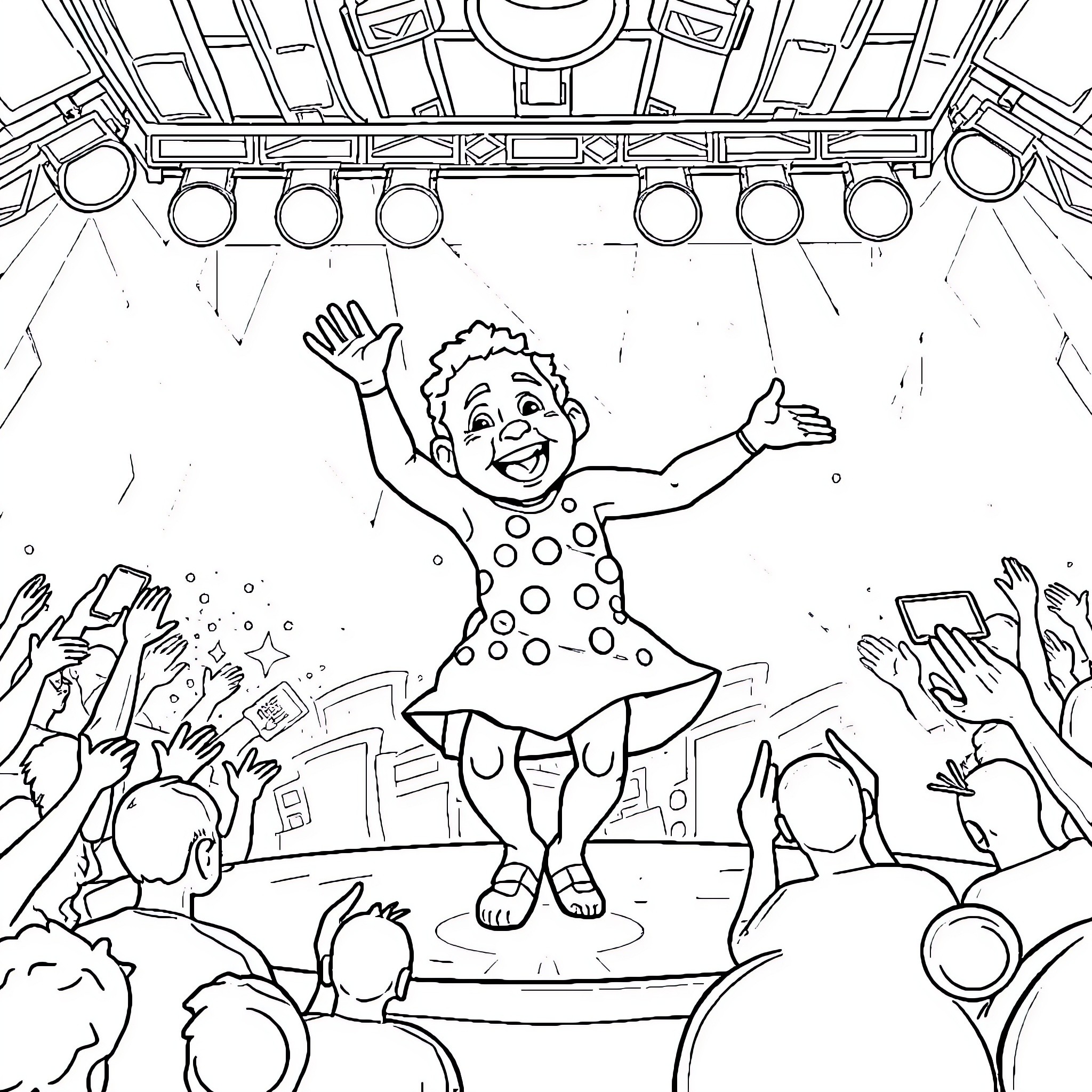 Labubu's Joyful Performance on Stage Coloring Page (free black-and-white line drawing printable PDF for all, from beginners to advanced learners, including children, teens, adults, and seniors)