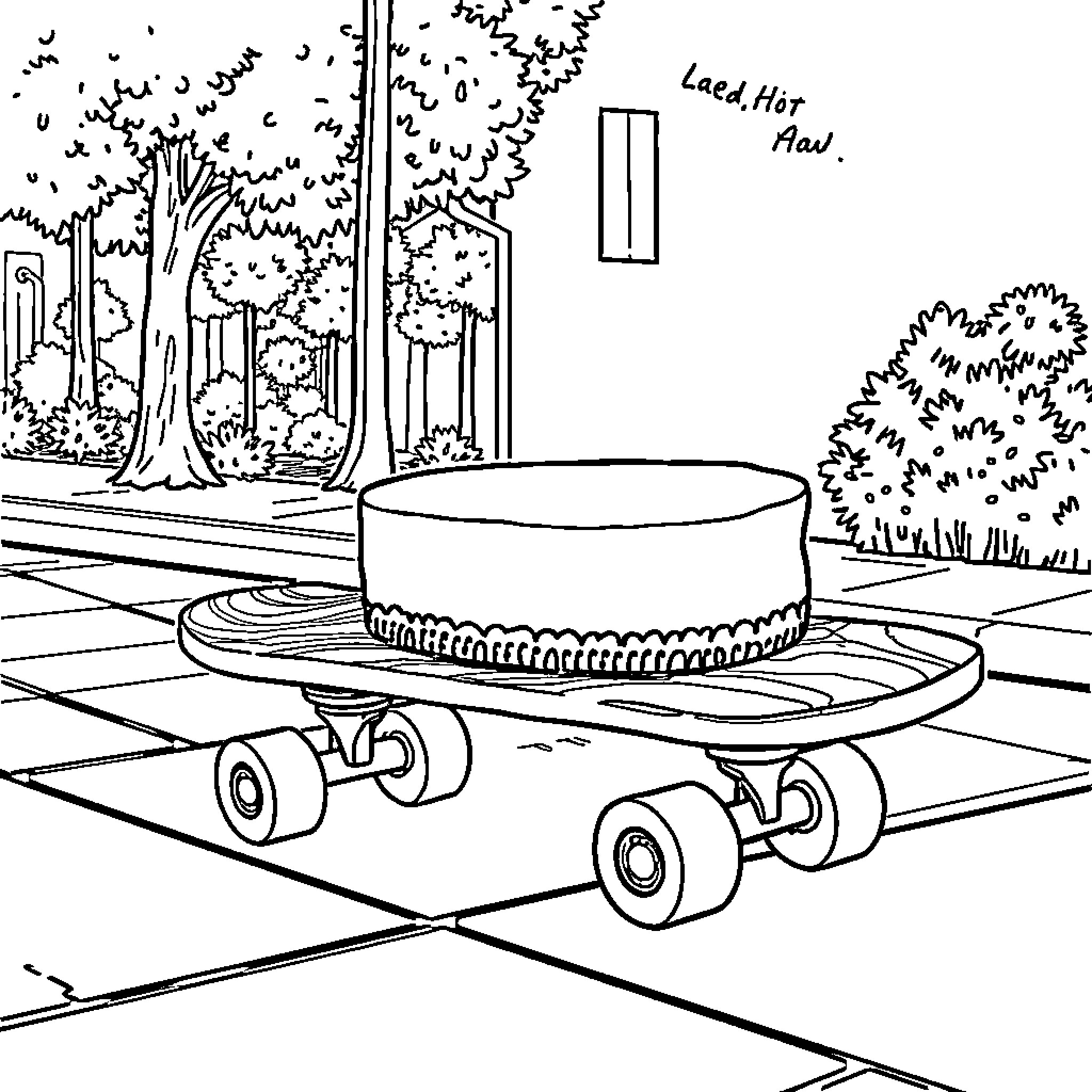 Cheesecake Skateboard in Serene Park Setting Coloring Page (free black-and-white line drawing printable PDF for all, from beginners to advanced learners, including children, teens, adults, and seniors)