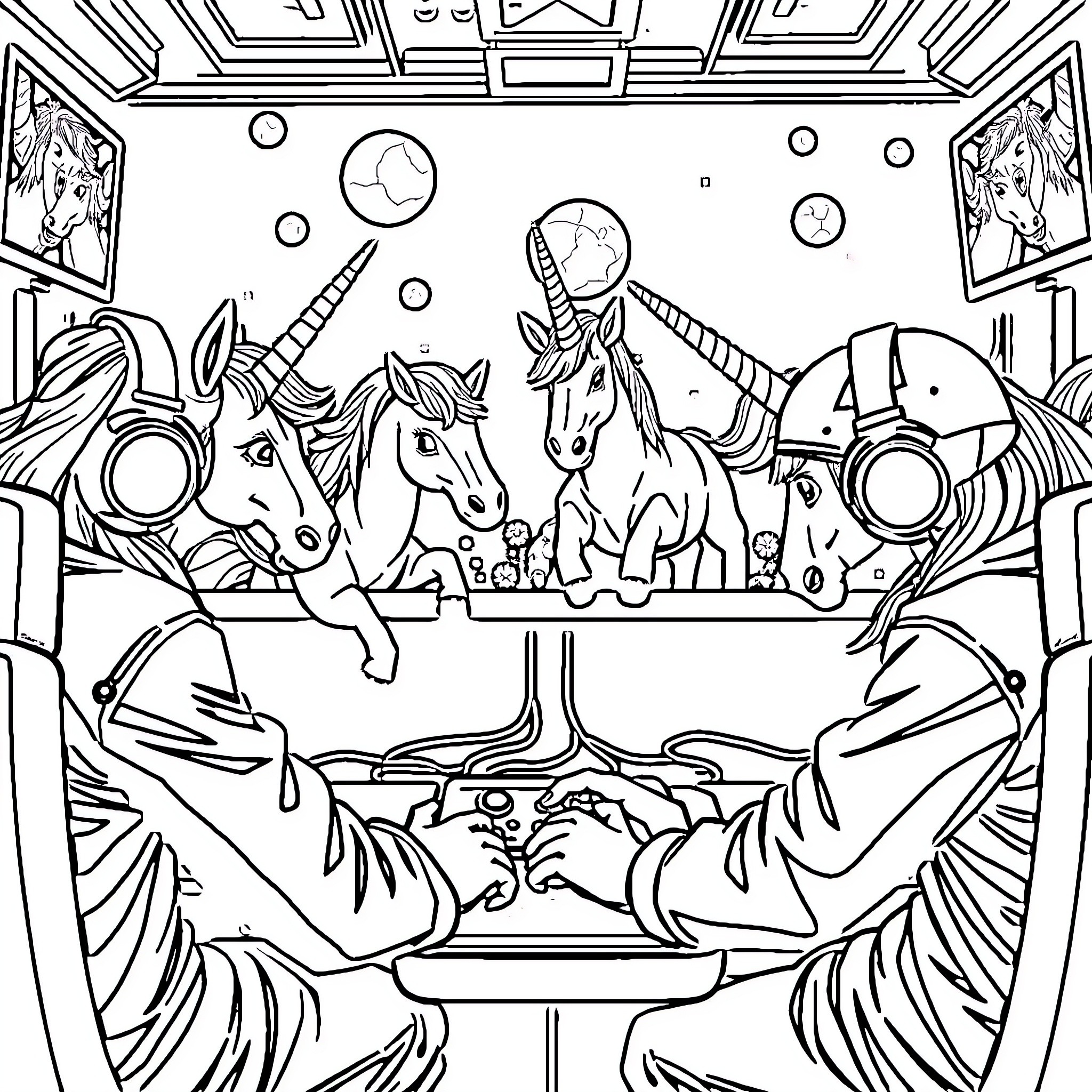 Zombie Unicorn Feast in the Cosmic Realm Coloring Page (free black-and-white line drawing printable PDF for all, from beginners to advanced learners, including children, teens, adults, and seniors)