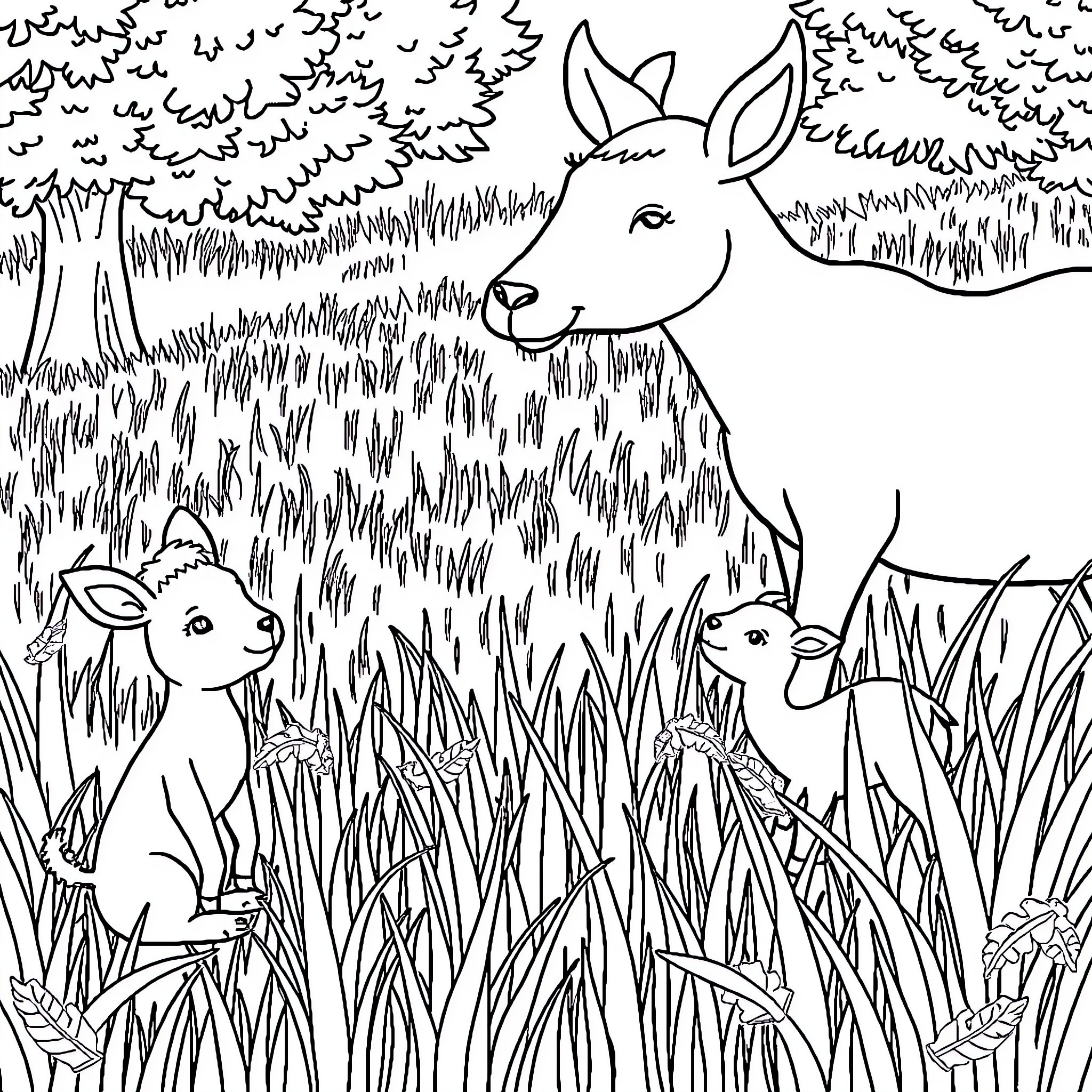 Animal friends in the woodland meadow Coloring Page (free black-and-white line drawing printable PDF for all, from beginners to advanced learners, including children, teens, adults, and seniors)