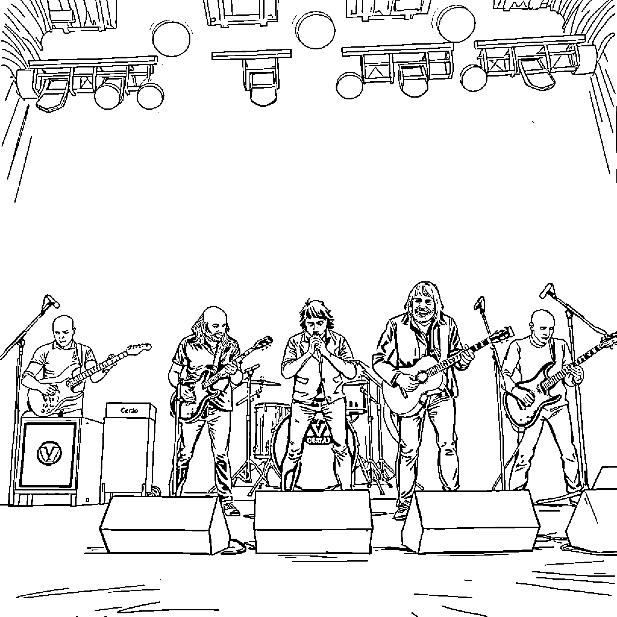 Pink Floyd Performing on Stage with Instruments Coloring Page (free black-and-white line drawing printable PDF for all, from beginners to advanced learners, including children, teens, adults, and seniors)