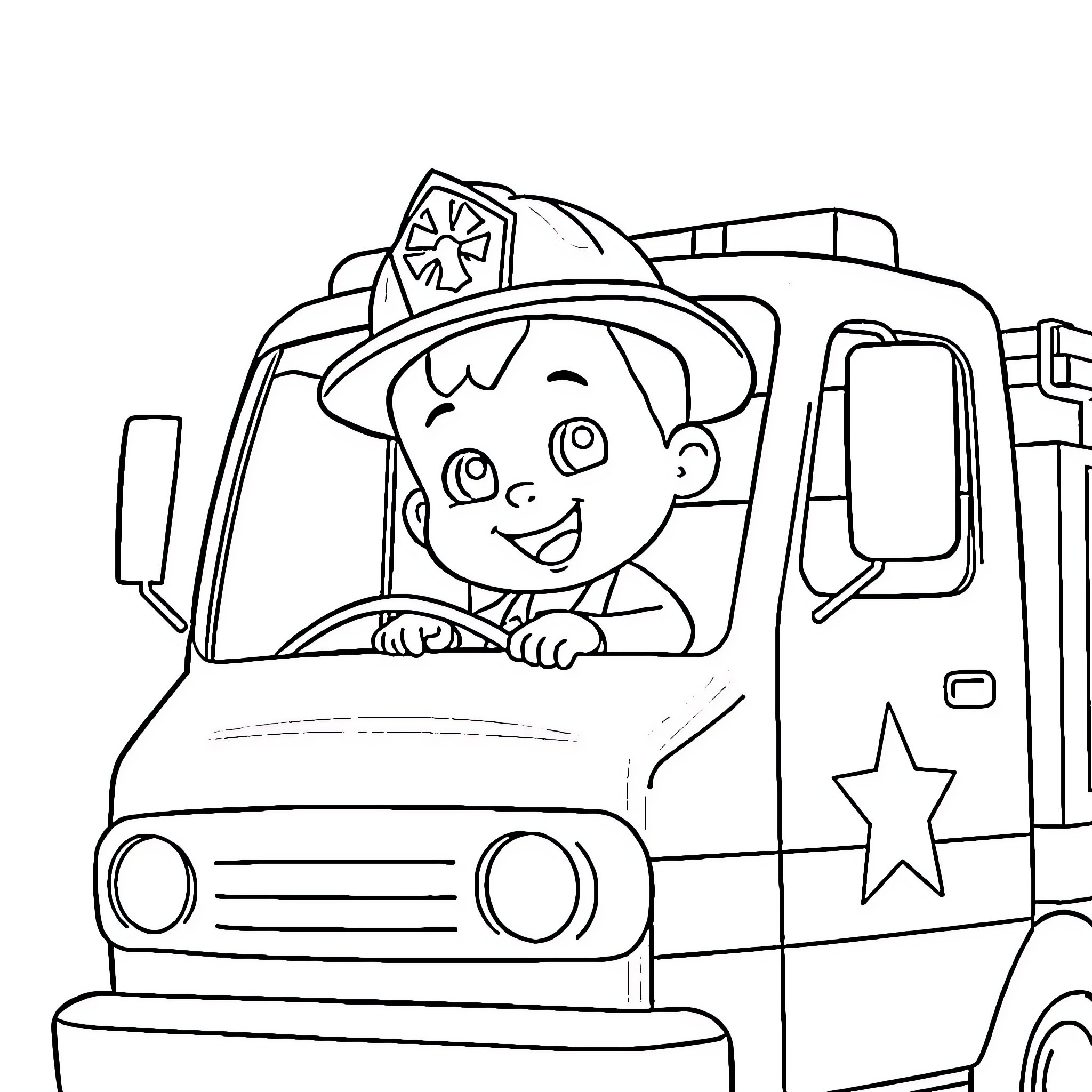 Bing Rides the Fire Truck Coloring Page (free black-and-white line drawing printable PDF for all, from beginners to advanced learners, including children, teens, adults, and seniors)