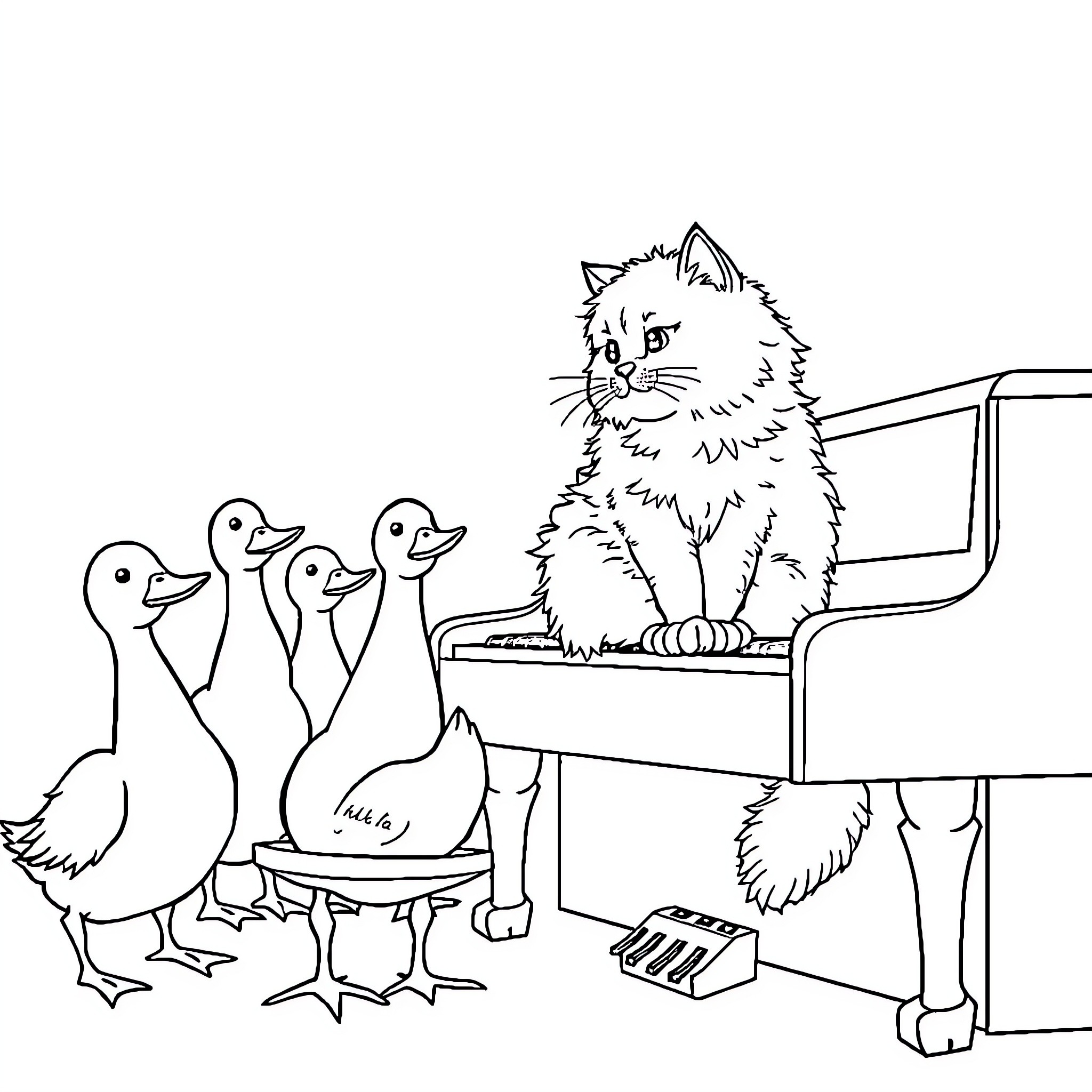Cat observing ducklings at piano Coloring Page (free black-and-white line drawing printable PDF for all, from beginners to advanced learners, including children, teens, adults, and seniors)