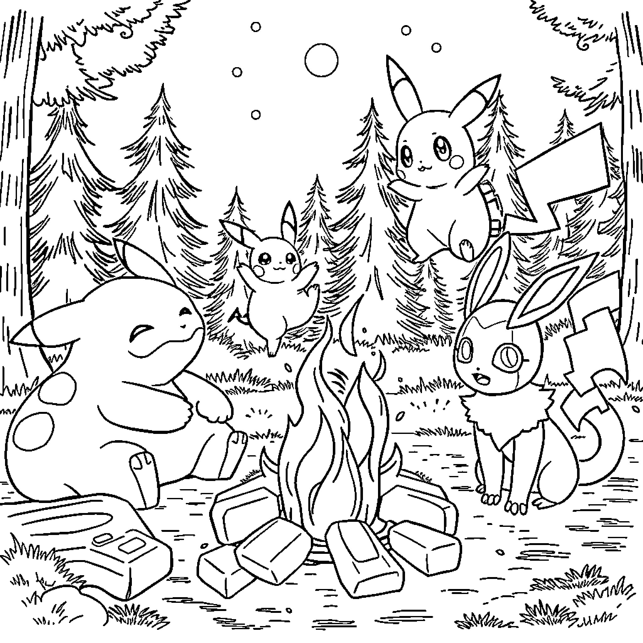 Pokémon characters playing in a snowy forest Coloring Page (free black-and-white line drawing printable PDF for all, from beginners to advanced learners, including children, teens, adults, and seniors)