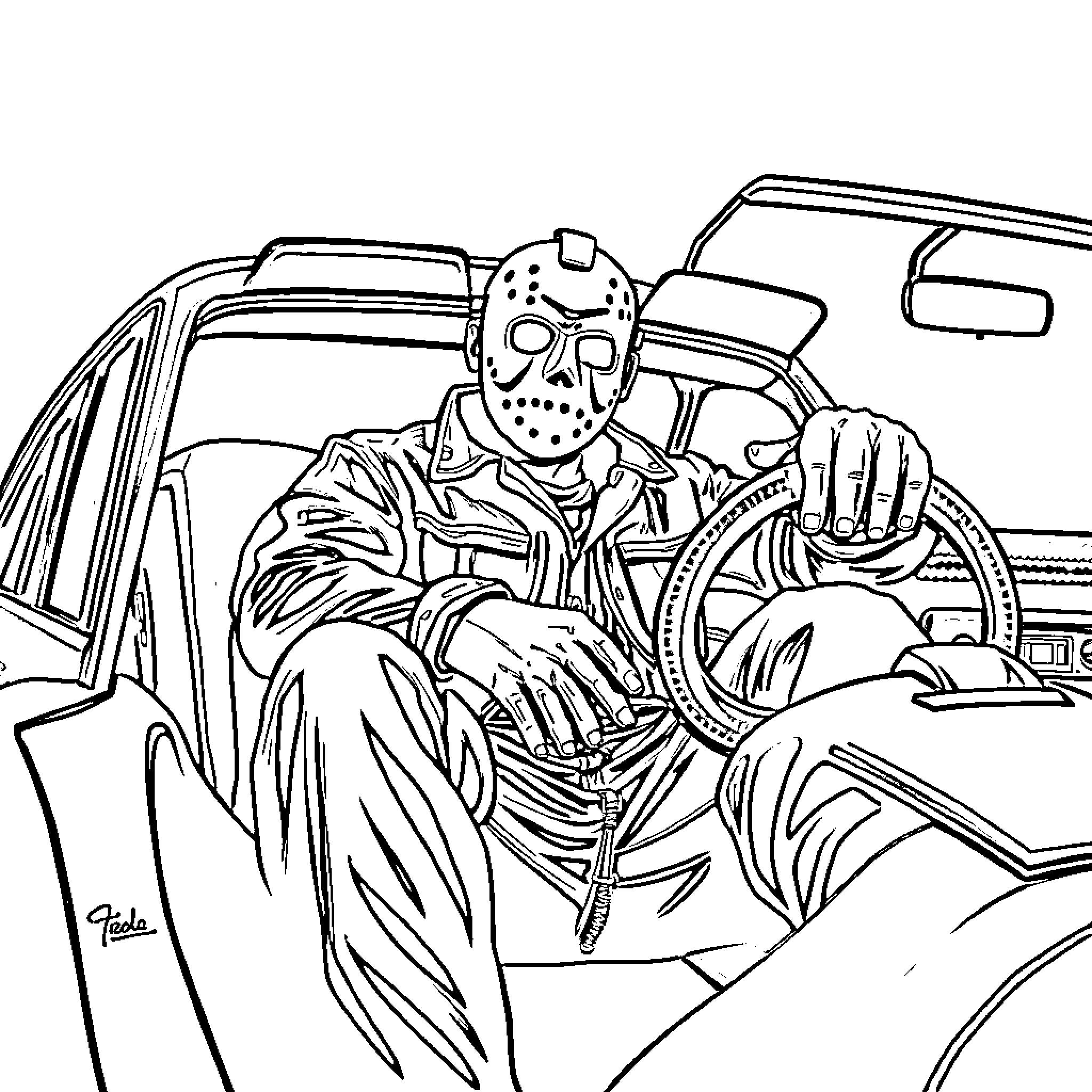 Jason Voorhees driving his iconic vehicle Coloring Page (free black-and-white line drawing printable PDF for all, from beginners to advanced learners, including children, teens, adults, and seniors)