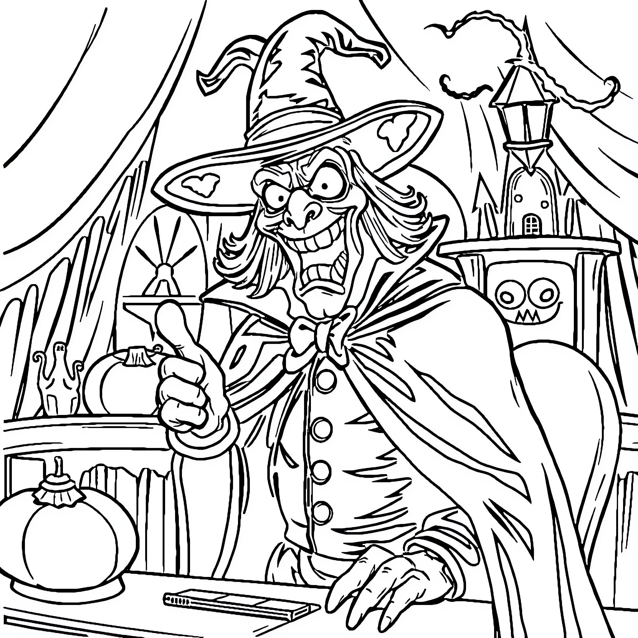 Svengoolie's Spooky Halloween Antics Coloring Page (free black-and-white line drawing printable PDF for all, from beginners to advanced learners, including children, teens, adults, and seniors)