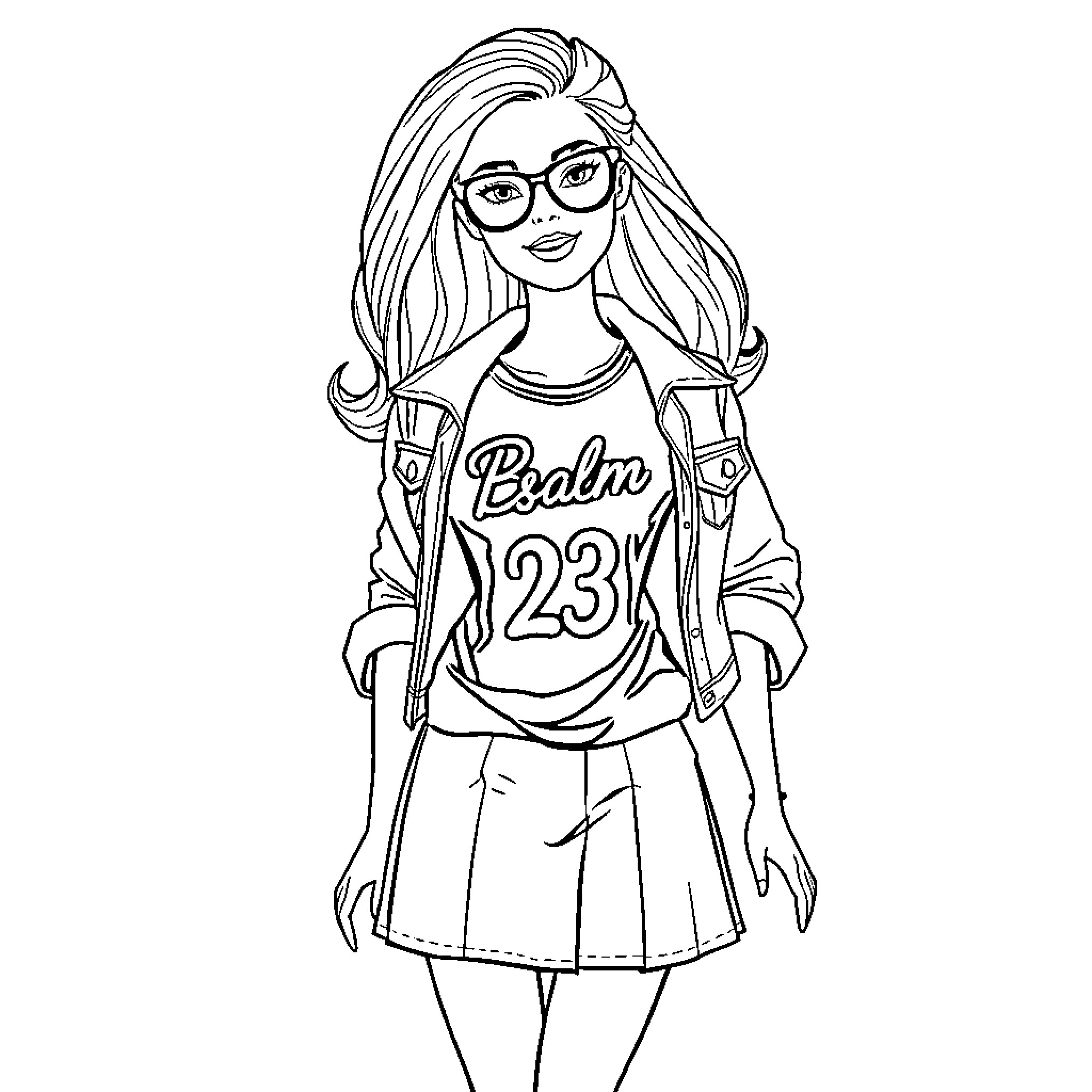 Barbie in stylish casual outfit with jersey Coloring Page (free black-and-white line drawing printable PDF for all, from beginners to advanced learners, including children, teens, adults, and seniors)