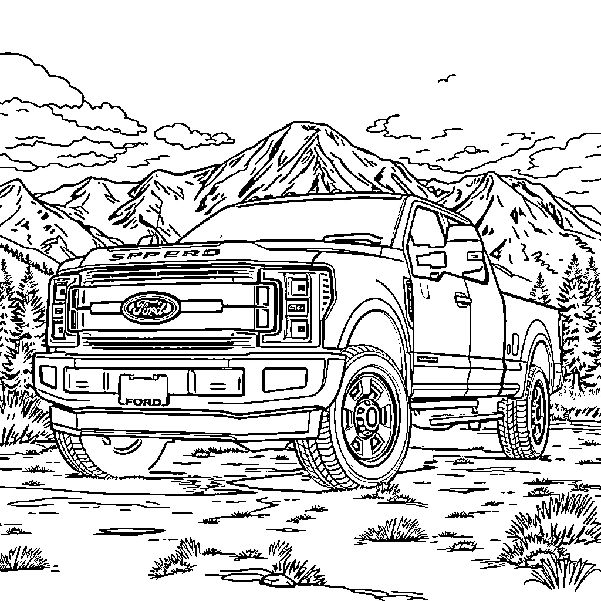 Ford Super Duty truck traversing mountain terrain Coloring Page (free black-and-white line drawing printable PDF for all, from beginners to advanced learners, including children, teens, adults, and seniors)