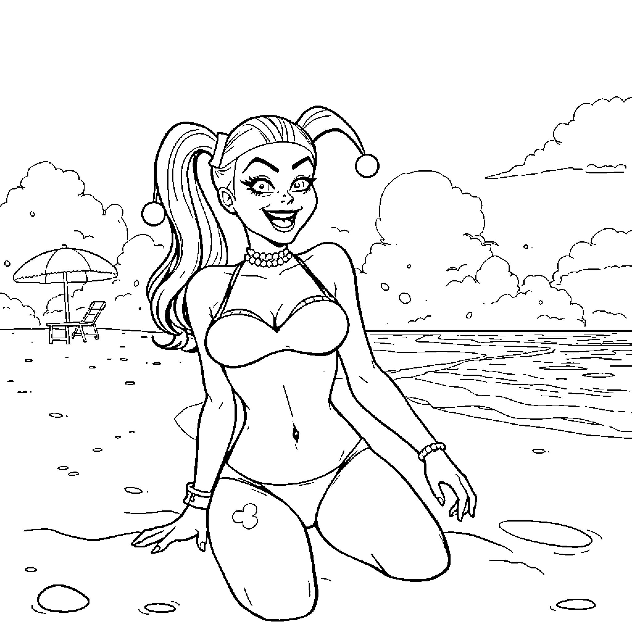 Harley Quinn relaxing on the beach Coloring Page (free black-and-white line drawing printable PDF for all, from beginners to advanced learners, including children, teens, adults, and seniors)