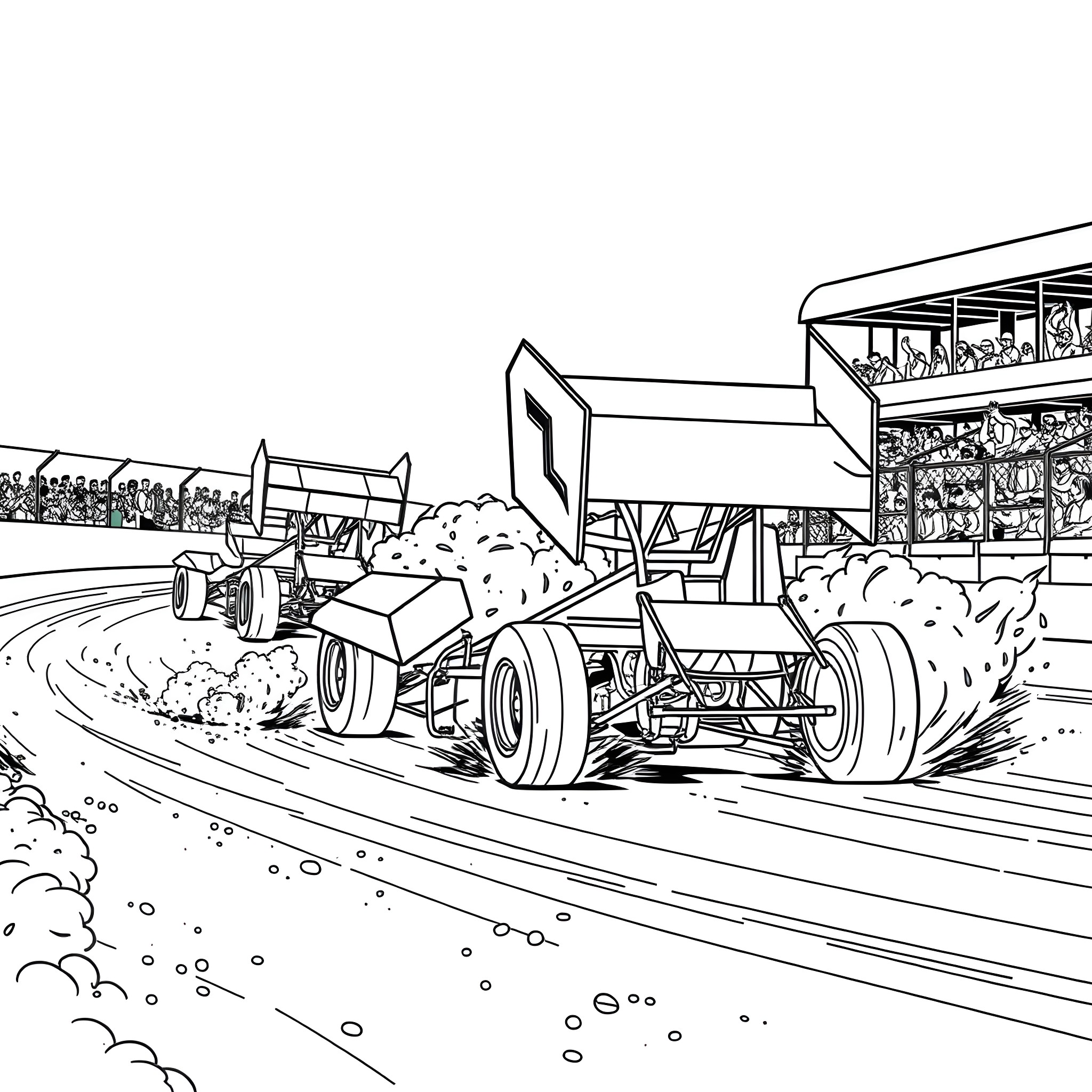 Sprintcar racing action on the track Coloring Page (free black-and-white line drawing printable PDF for all, from beginners to advanced learners, including children, teens, adults, and seniors)
