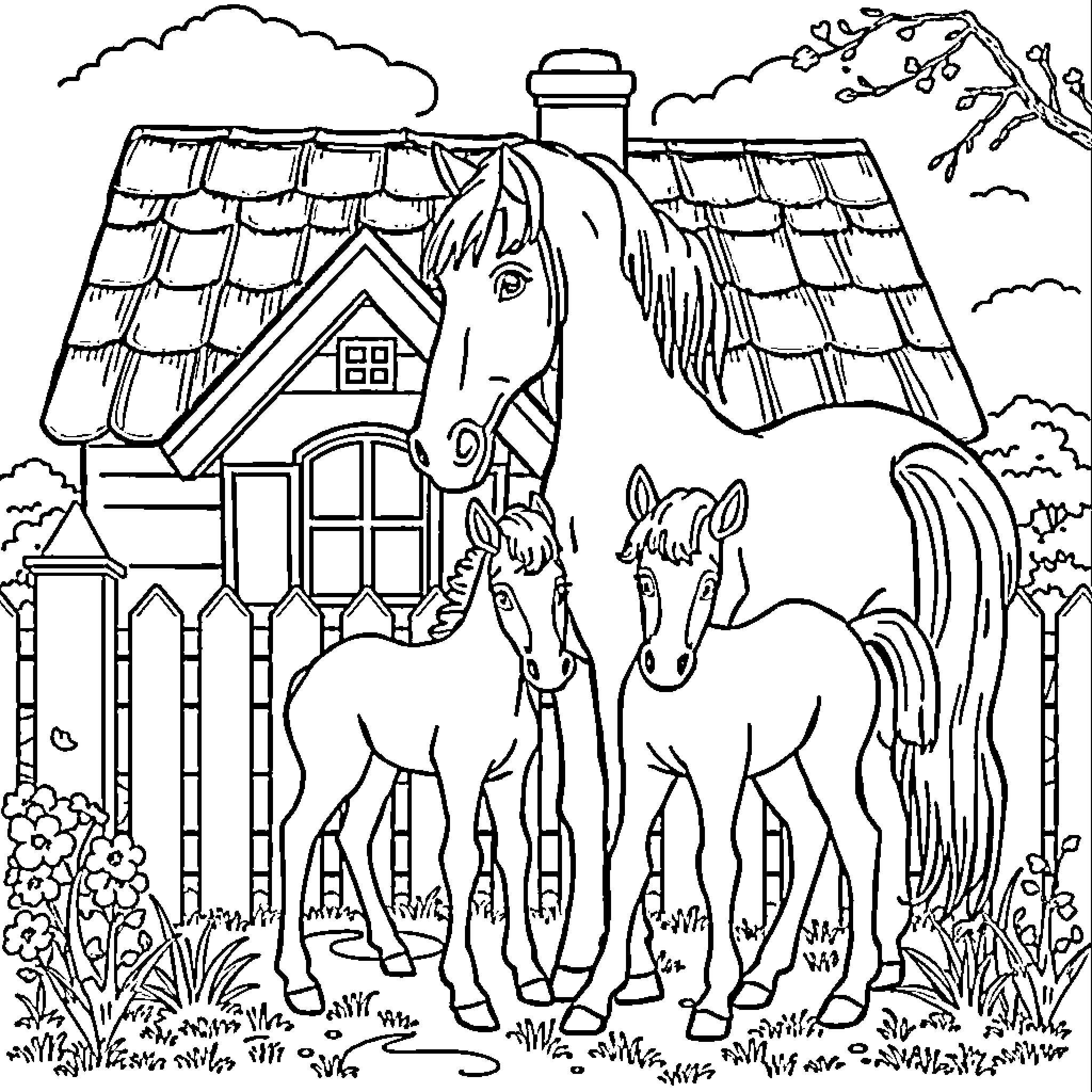 Horse family in a countryside setting Coloring Page (free black-and-white line drawing printable PDF for all, from beginners to advanced learners, including children, teens, adults, and seniors)
