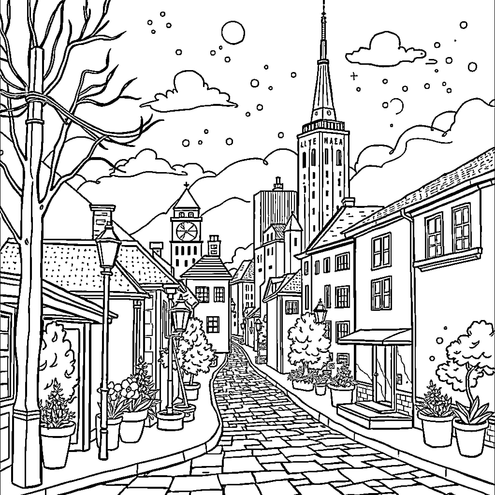 Psychogeography of an Enchanting Urban Landscape Coloring Page (free black-and-white line drawing printable PDF for all, from beginners to advanced learners, including children, teens, adults, and seniors)