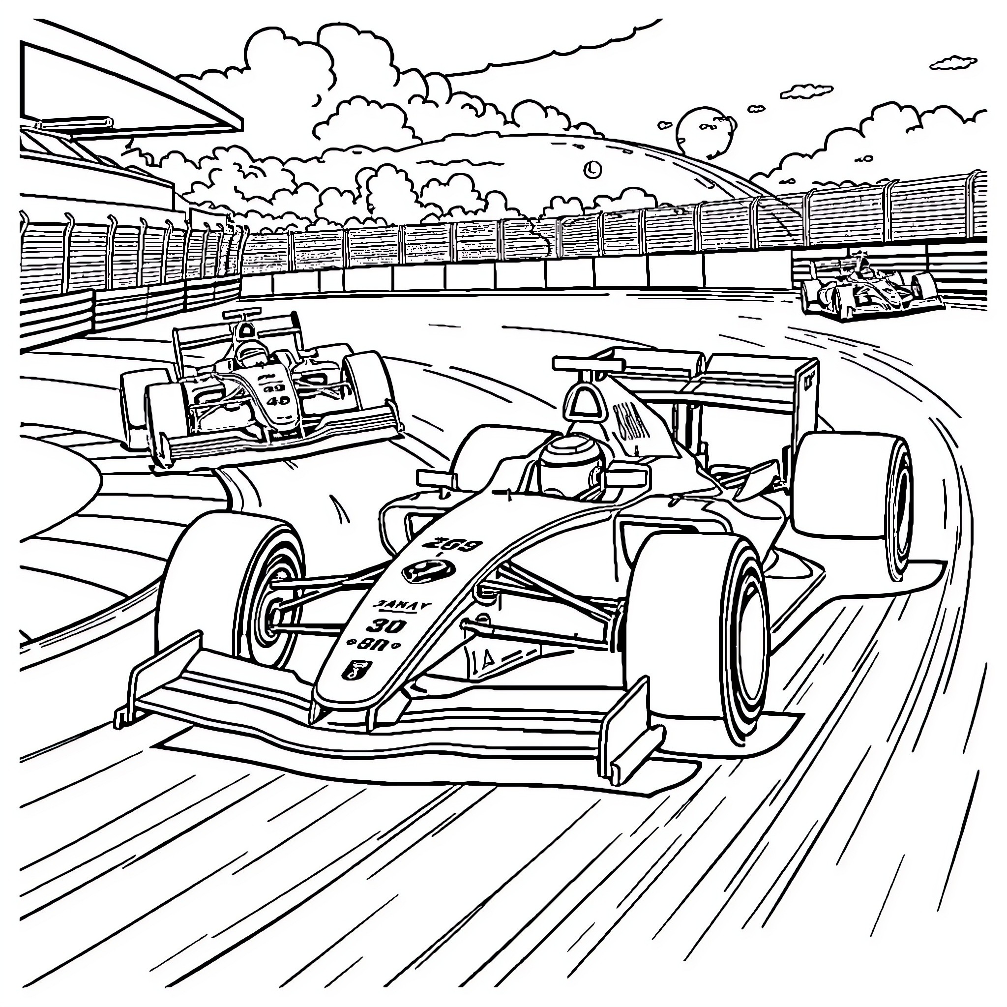Formula 1 Racing Cars on the Track Coloring Page (free black-and-white line drawing printable PDF for all, from beginners to advanced learners, including children, teens, adults, and seniors)