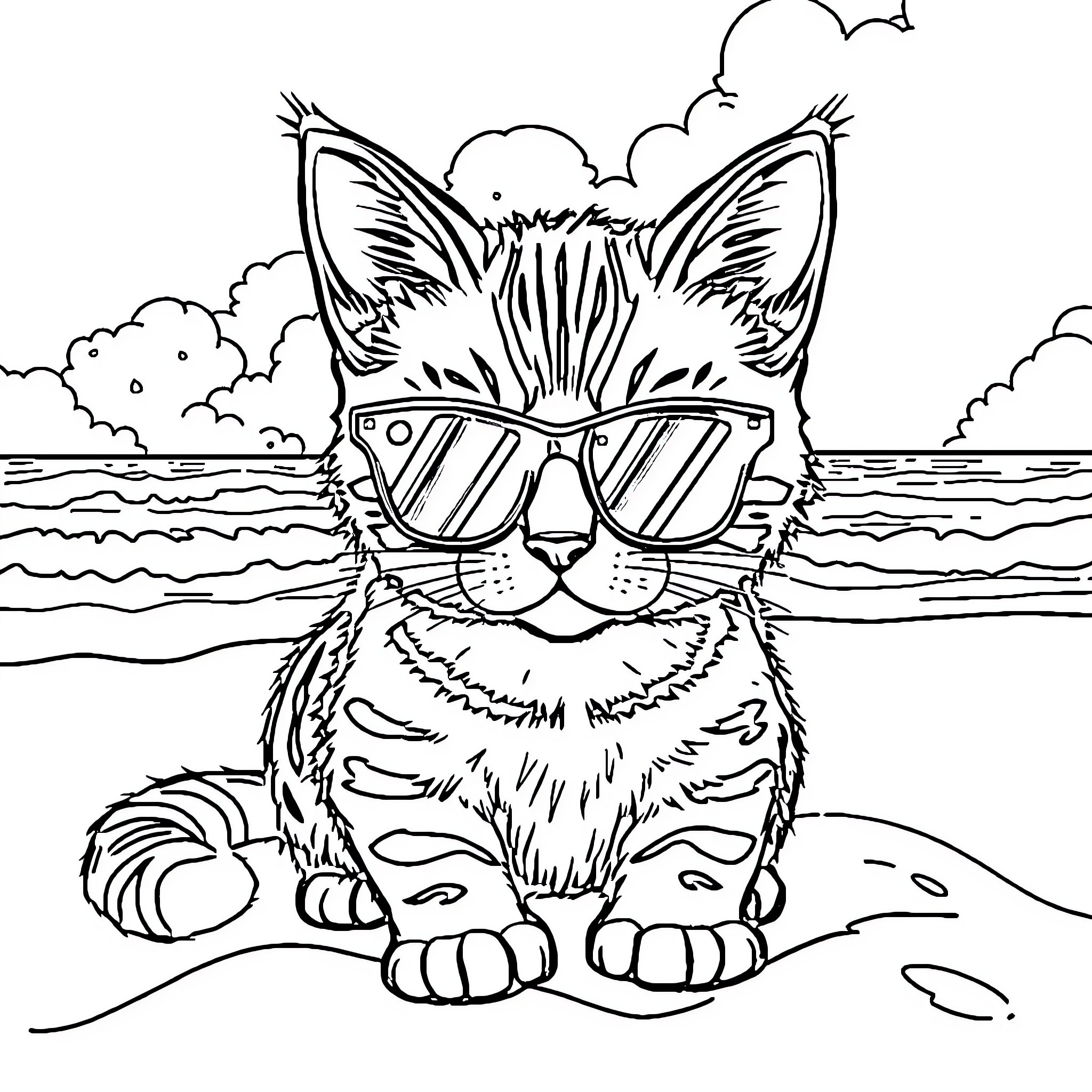 Kitty Relaxing on the Beach Coloring Page (free black-and-white line drawing printable PDF for all, from beginners to advanced learners, including children, teens, adults, and seniors)