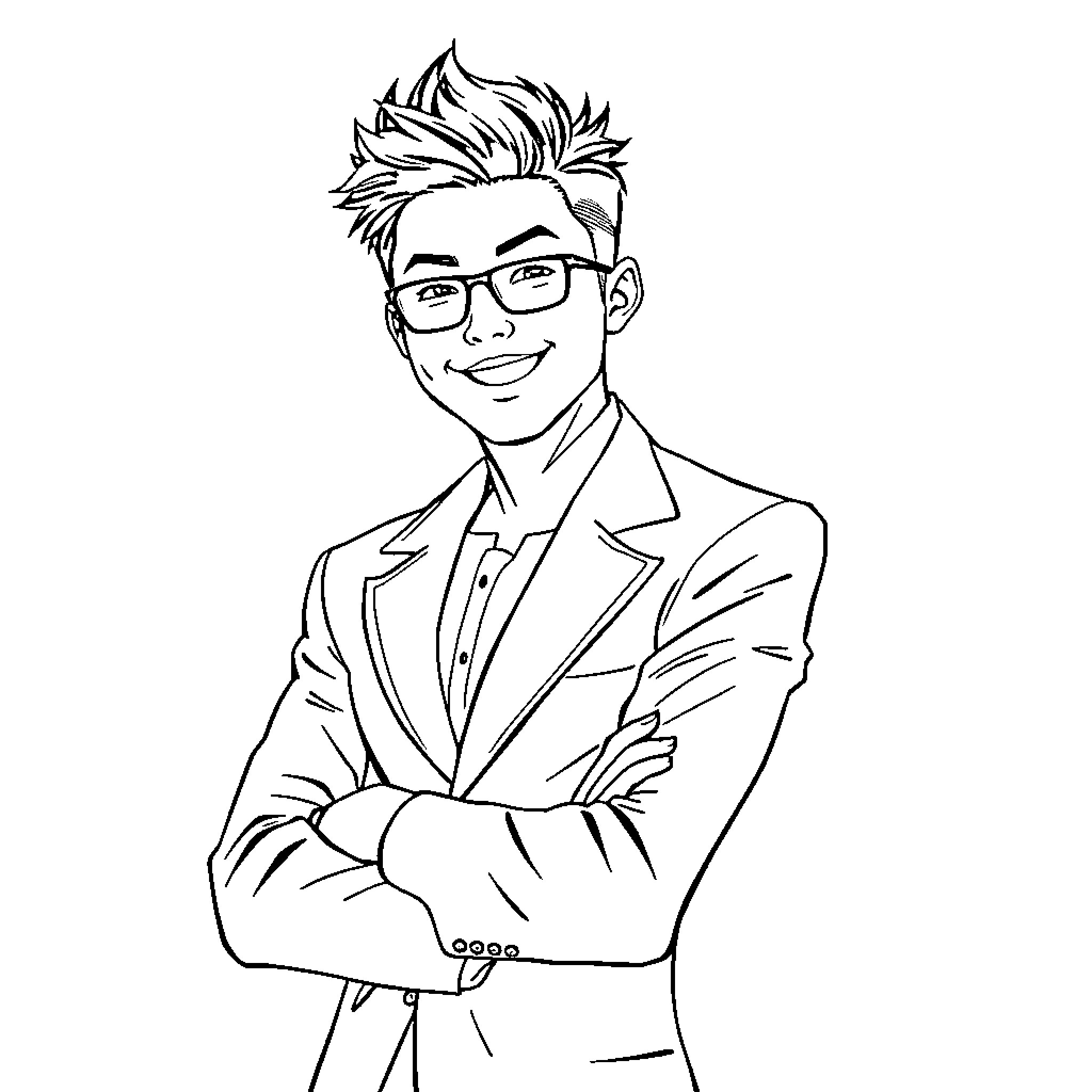 Tenya Iida smiling confidently in formal attire Coloring Page (free black-and-white line drawing printable PDF for all, from beginners to advanced learners, including children, teens, adults, and seniors)