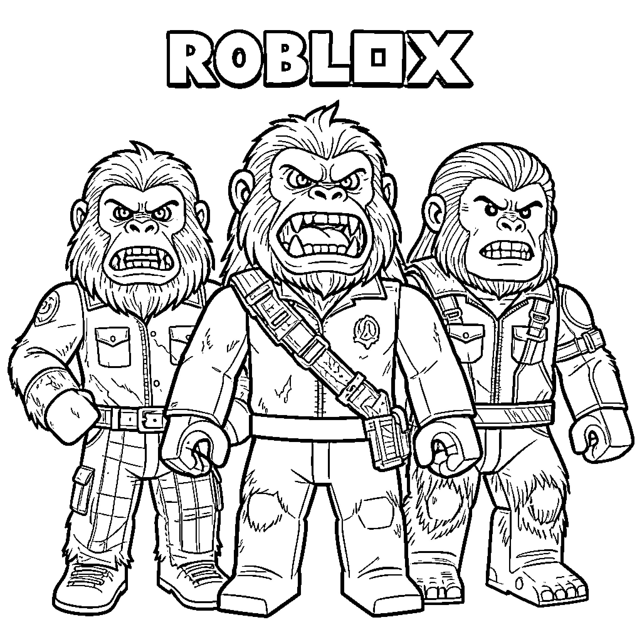 Ape characters in outfits standing with angry expressions Coloring Page (free black-and-white line drawing printable PDF for all, from beginners to advanced learners, including children, teens, adults, and seniors)