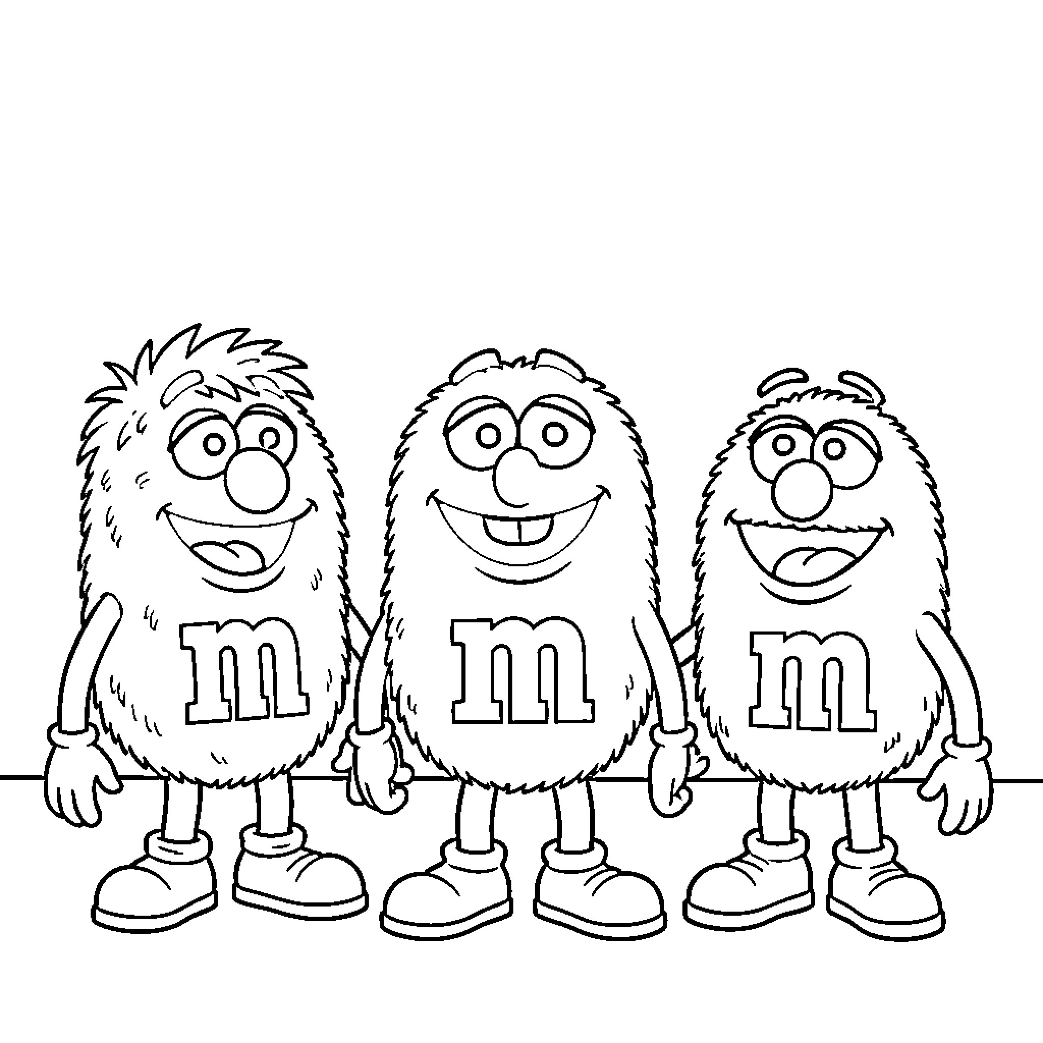 M&m characters standing together and smiling happily Coloring Page (free black-and-white line drawing printable PDF for all, from beginners to advanced learners, including children, teens, adults, and seniors)