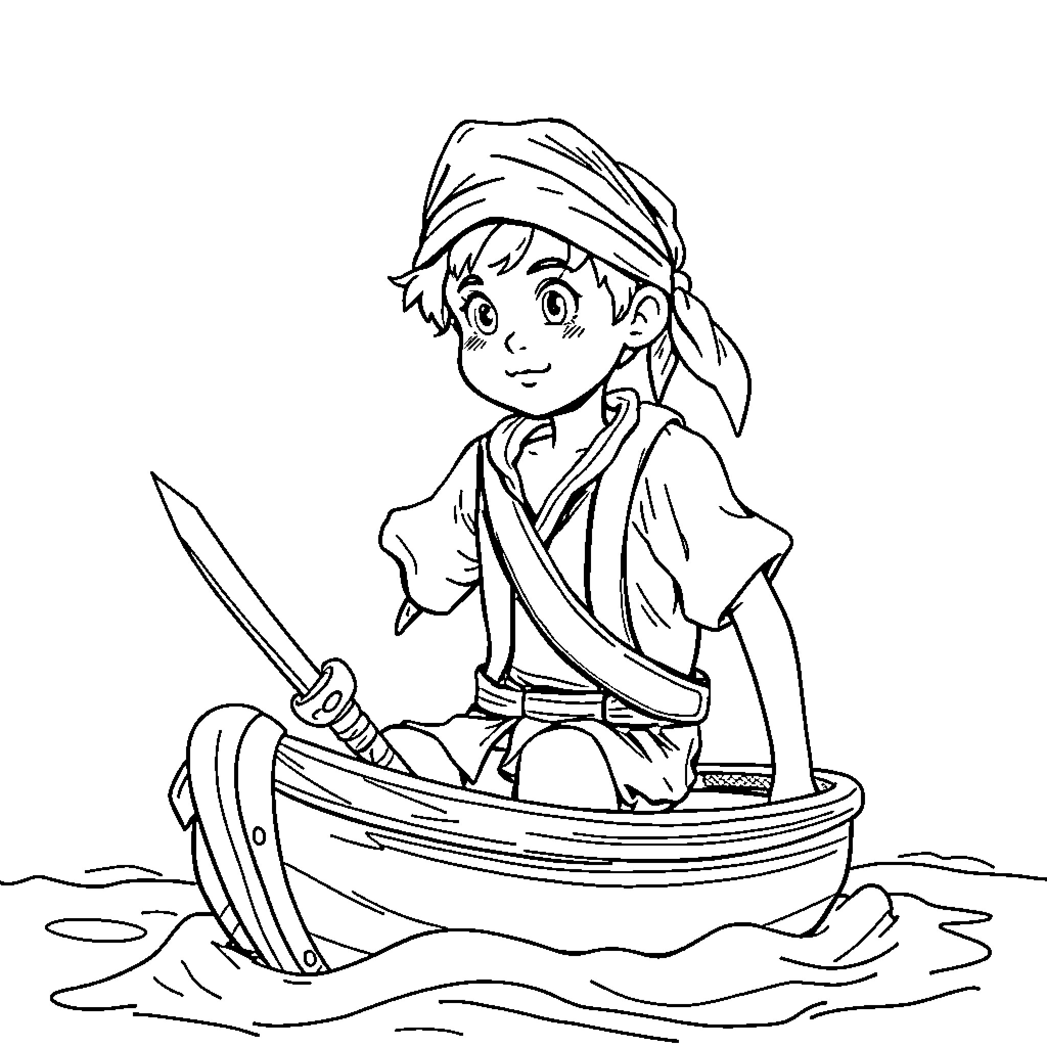 Tom Sawyer voyaging on the river in a boat Coloring Page (free black-and-white line drawing printable PDF for all, from beginners to advanced learners, including children, teens, adults, and seniors)