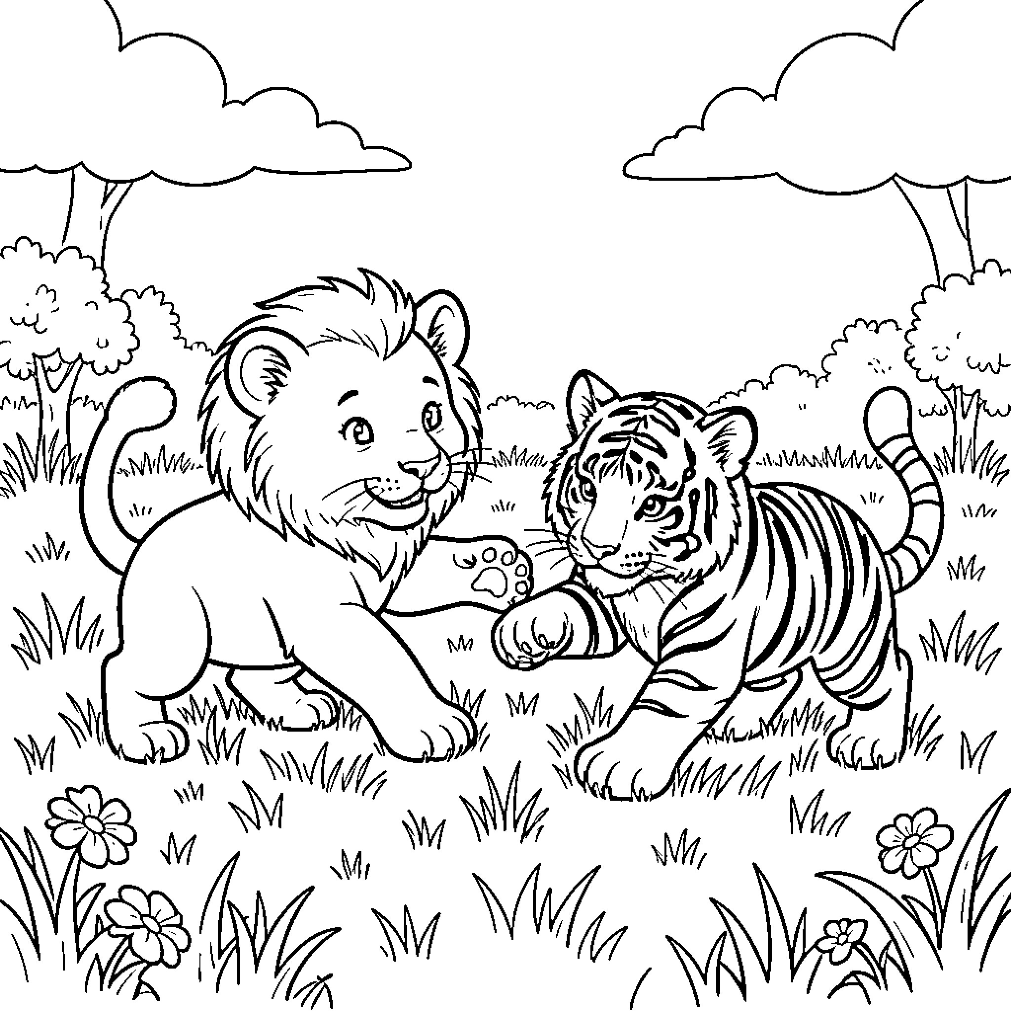 Lion cub playing with a tiger cub in grass Coloring Page (free black-and-white line drawing printable PDF for all, from beginners to advanced learners, including children, teens, adults, and seniors)