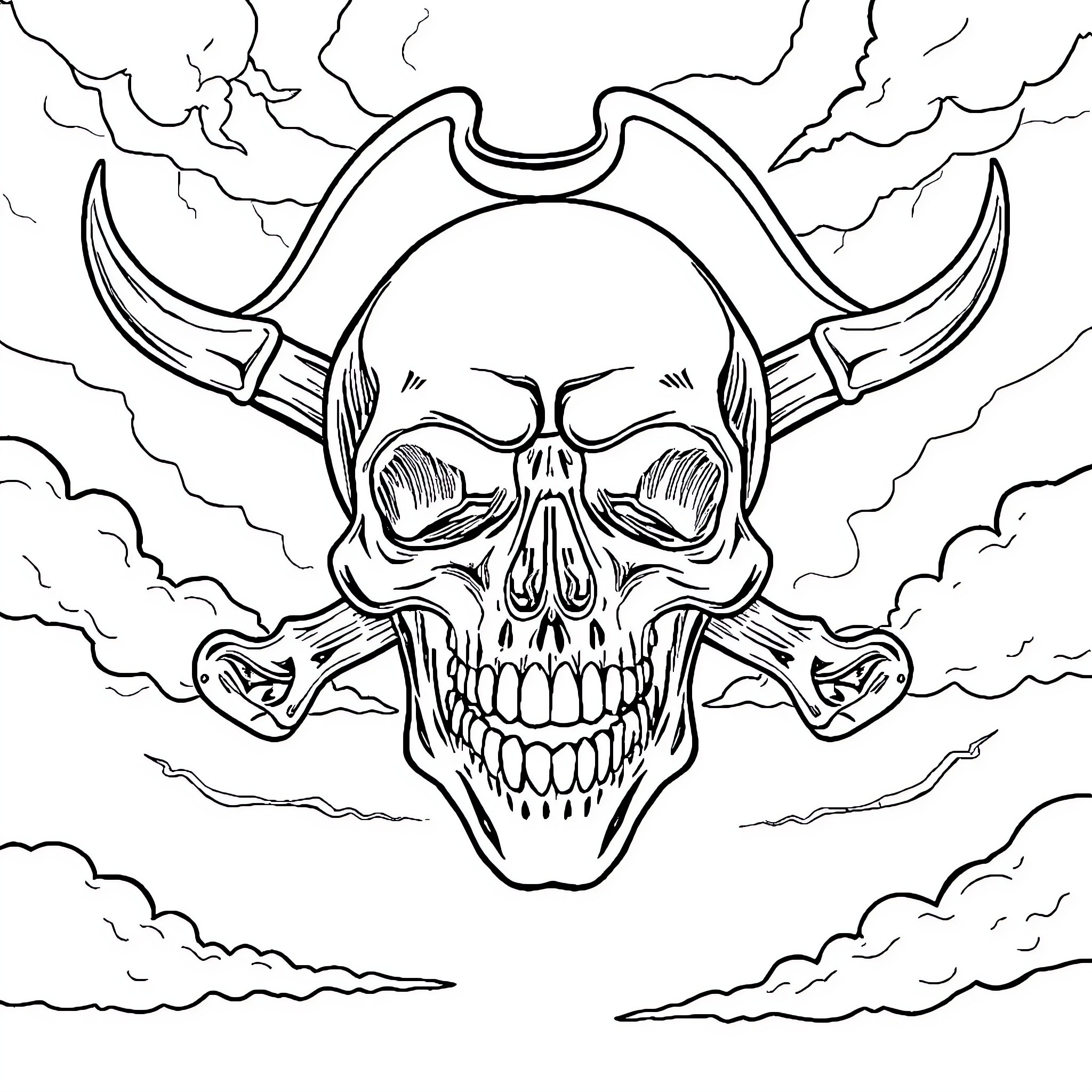 Pirate Skull with Crossed Swords and Lightning Coloring Page (free black-and-white line drawing printable PDF for all, from beginners to advanced learners, including children, teens, adults, and seniors)