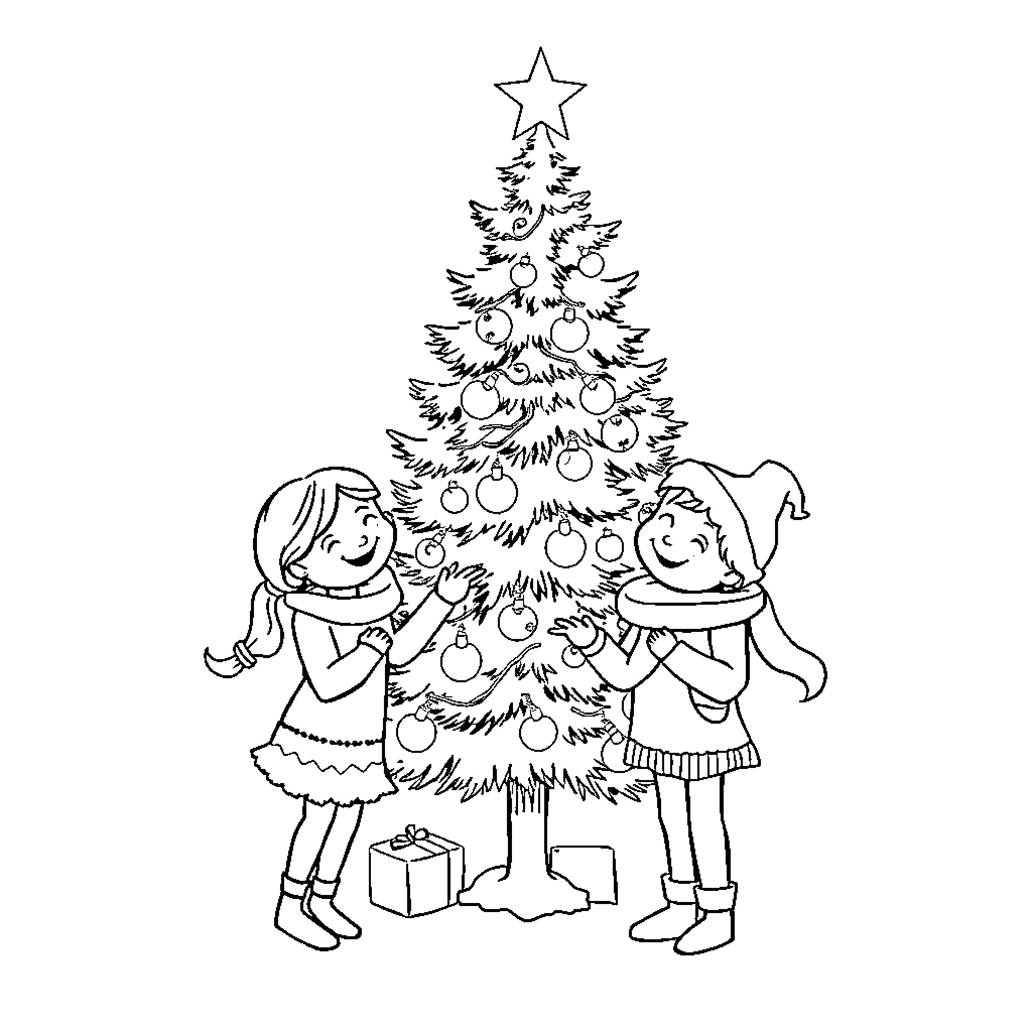 Family decorating festive Christmas tree together Coloring Page (free black-and-white line drawing printable PDF for all, from beginners to advanced learners, including children, teens, adults, and seniors)