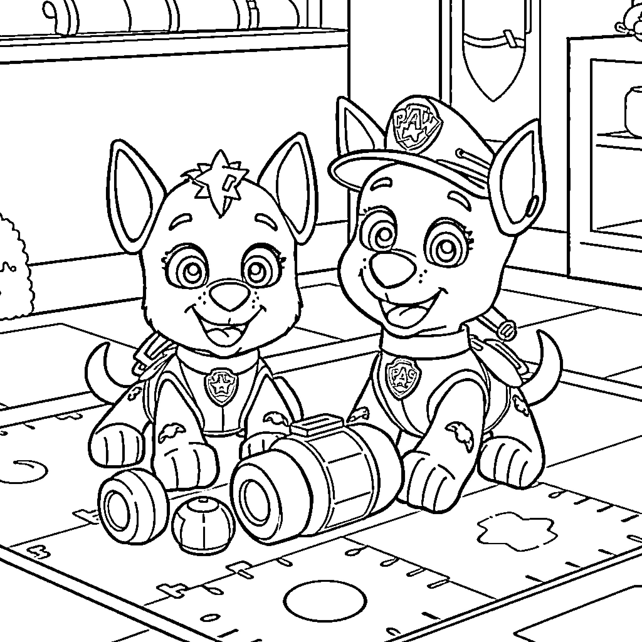 Bluey and Bingo playing with toys in their room Coloring Page (free black-and-white line drawing printable PDF for all, from beginners to advanced learners, including children, teens, adults, and seniors)