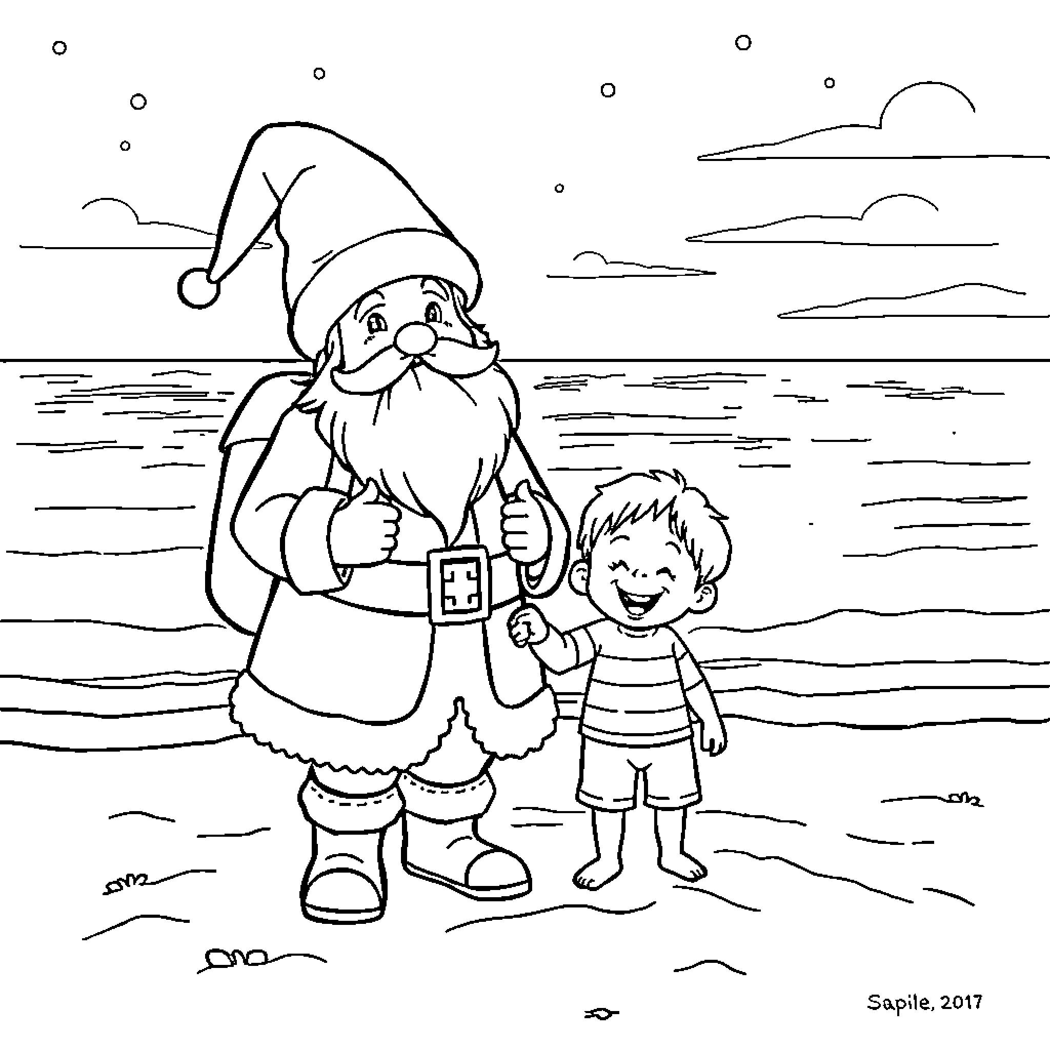 Nikolaus and child enjoying the scenic winter landscape Coloring Page (free black-and-white line drawing printable PDF for all, from beginners to advanced learners, including children, teens, adults, and seniors)