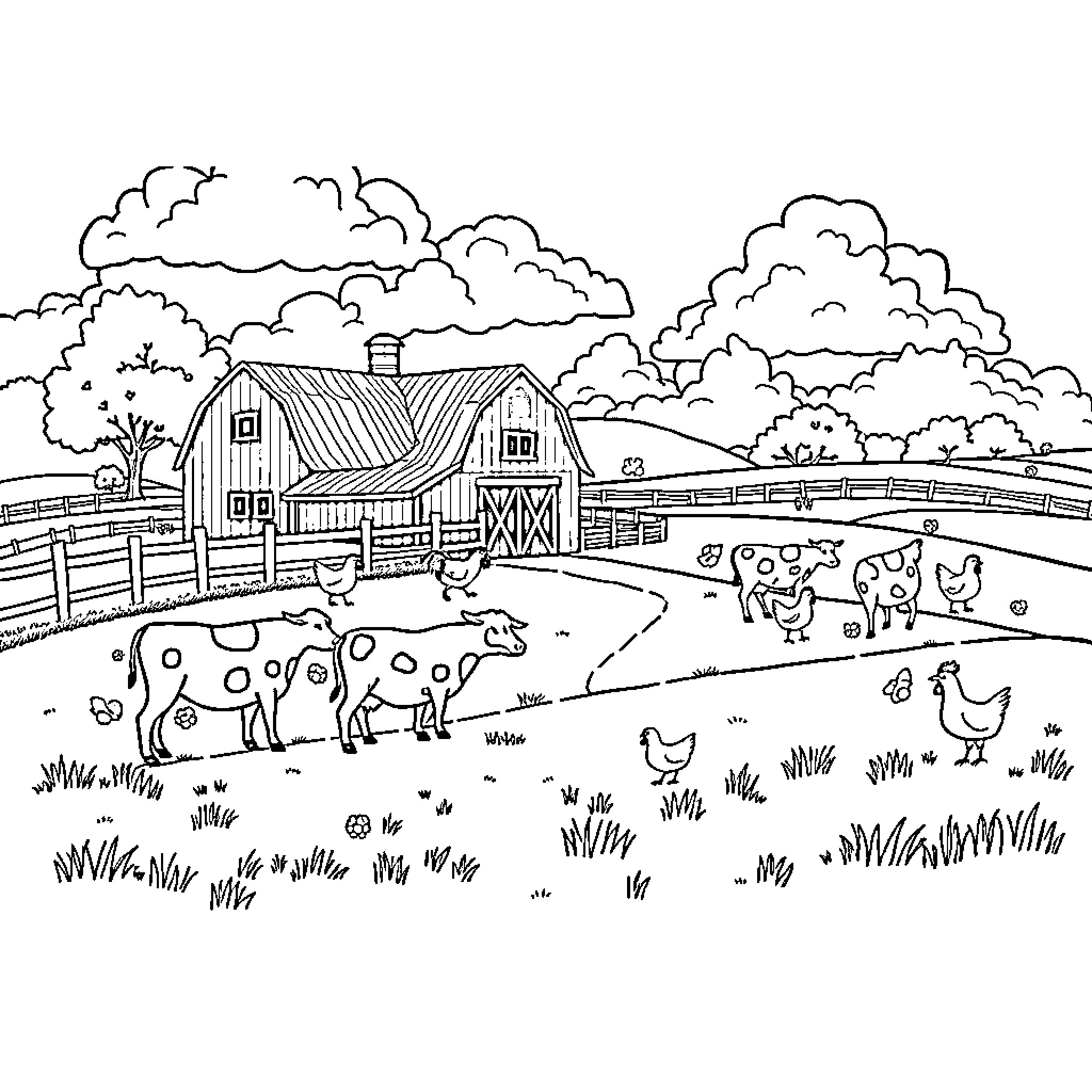 Farm with Barn and Animals Coloring Page (free black-and-white line drawing printable PDF for all, from beginners to advanced learners, including children, teens, adults, and seniors)