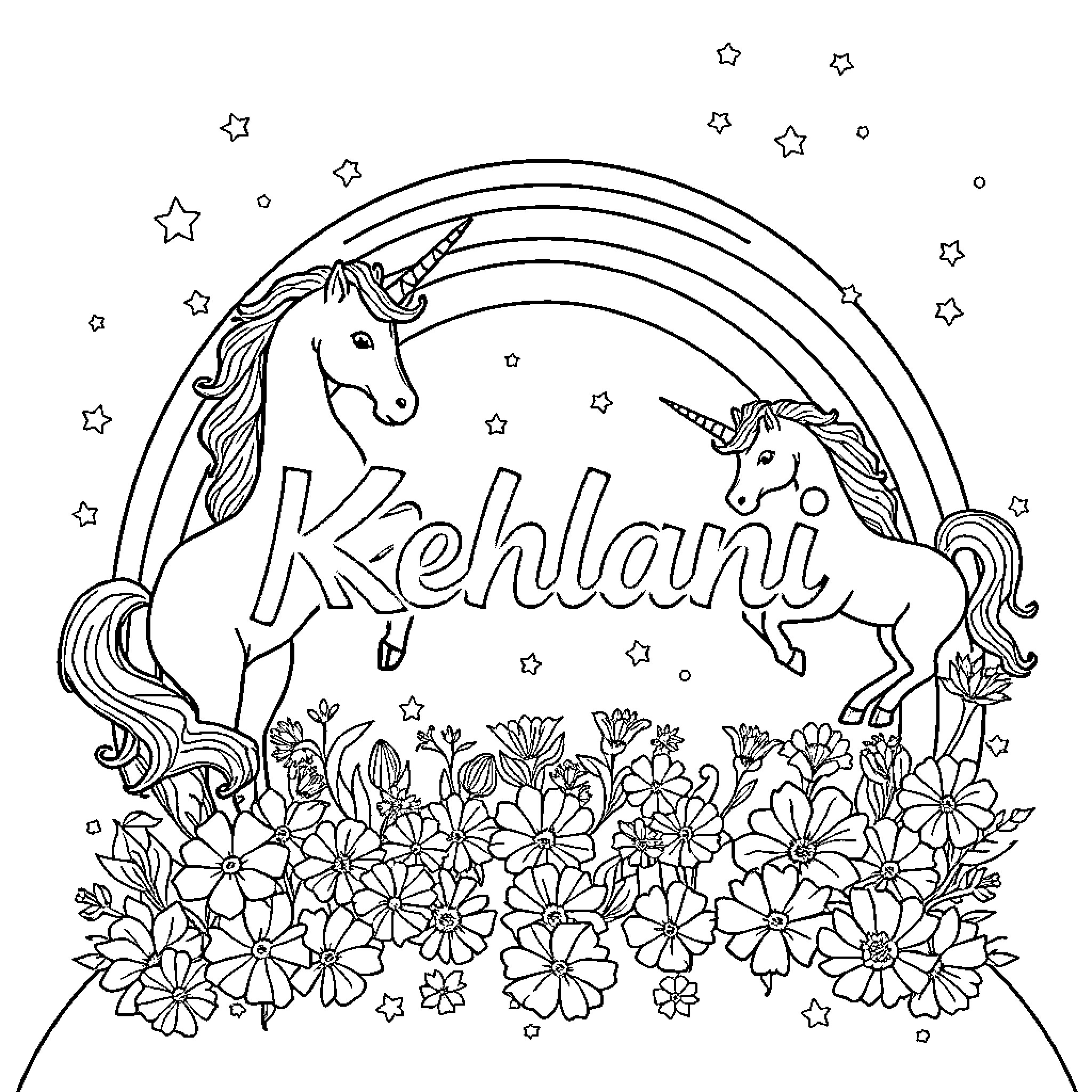 Unicorn playing in a field of flowers Coloring Page (free black-and-white line drawing printable PDF for all, from beginners to advanced learners, including children, teens, adults, and seniors)