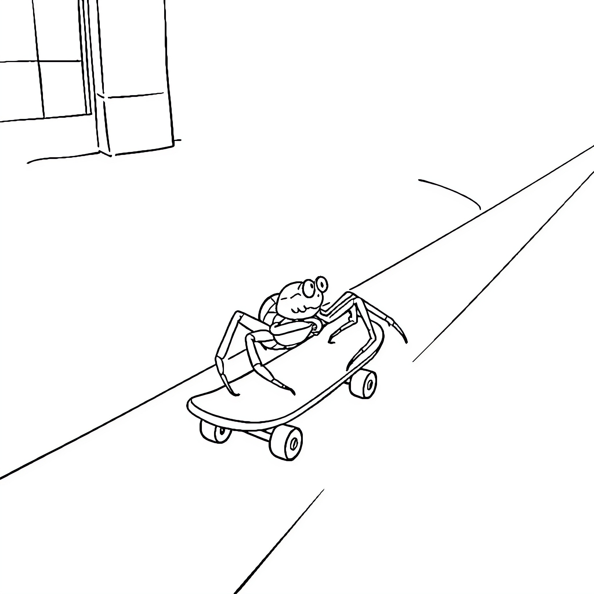 Spider riding a skateboard down the street Coloring Page (free black-and-white line drawing printable PDF for all, from beginners to advanced learners, including children, teens, adults, and seniors)
