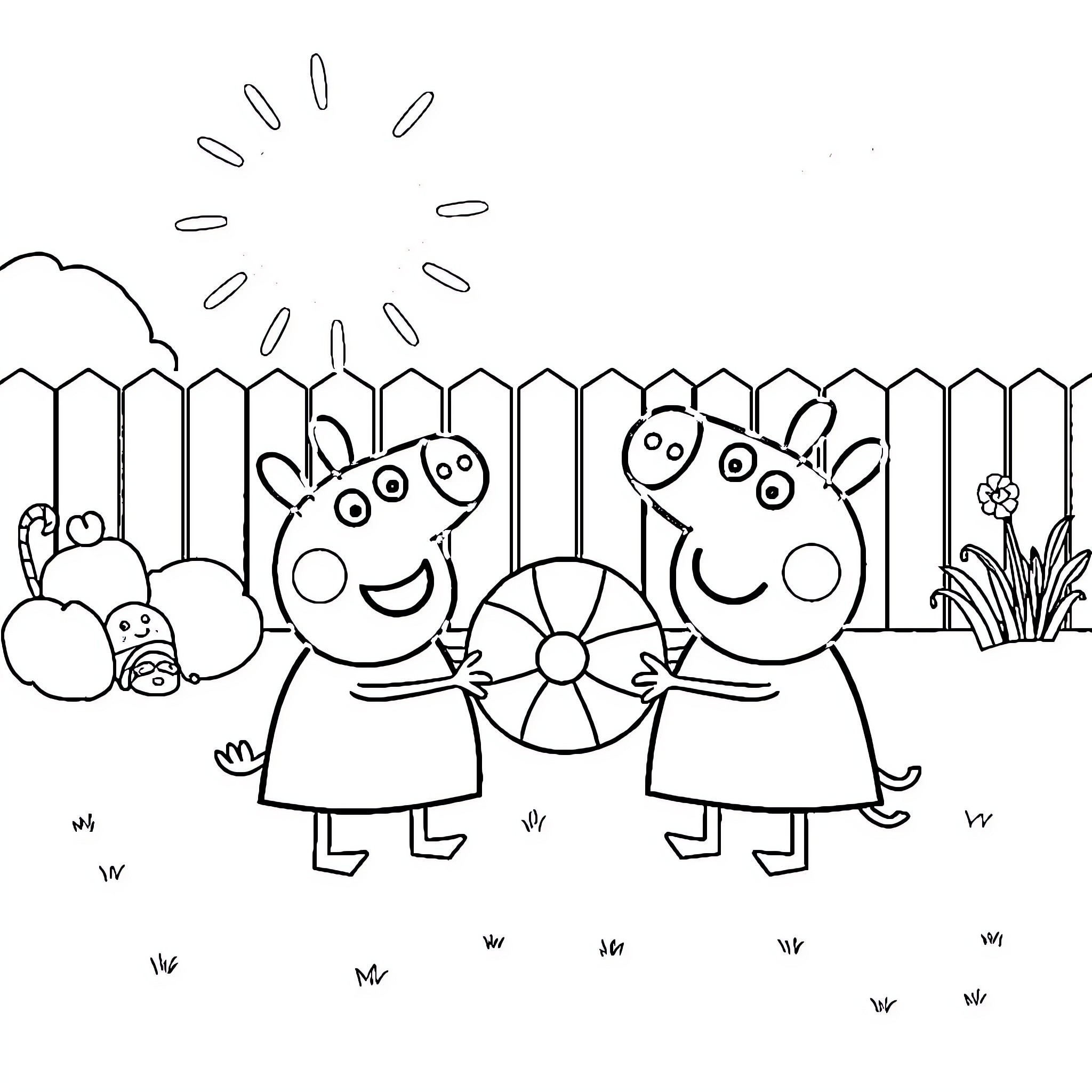 Peppa Pig and Friend Playing in the Sunshine Coloring Page (free black-and-white line drawing printable PDF for all, from beginners to advanced learners, including children, teens, adults, and seniors)