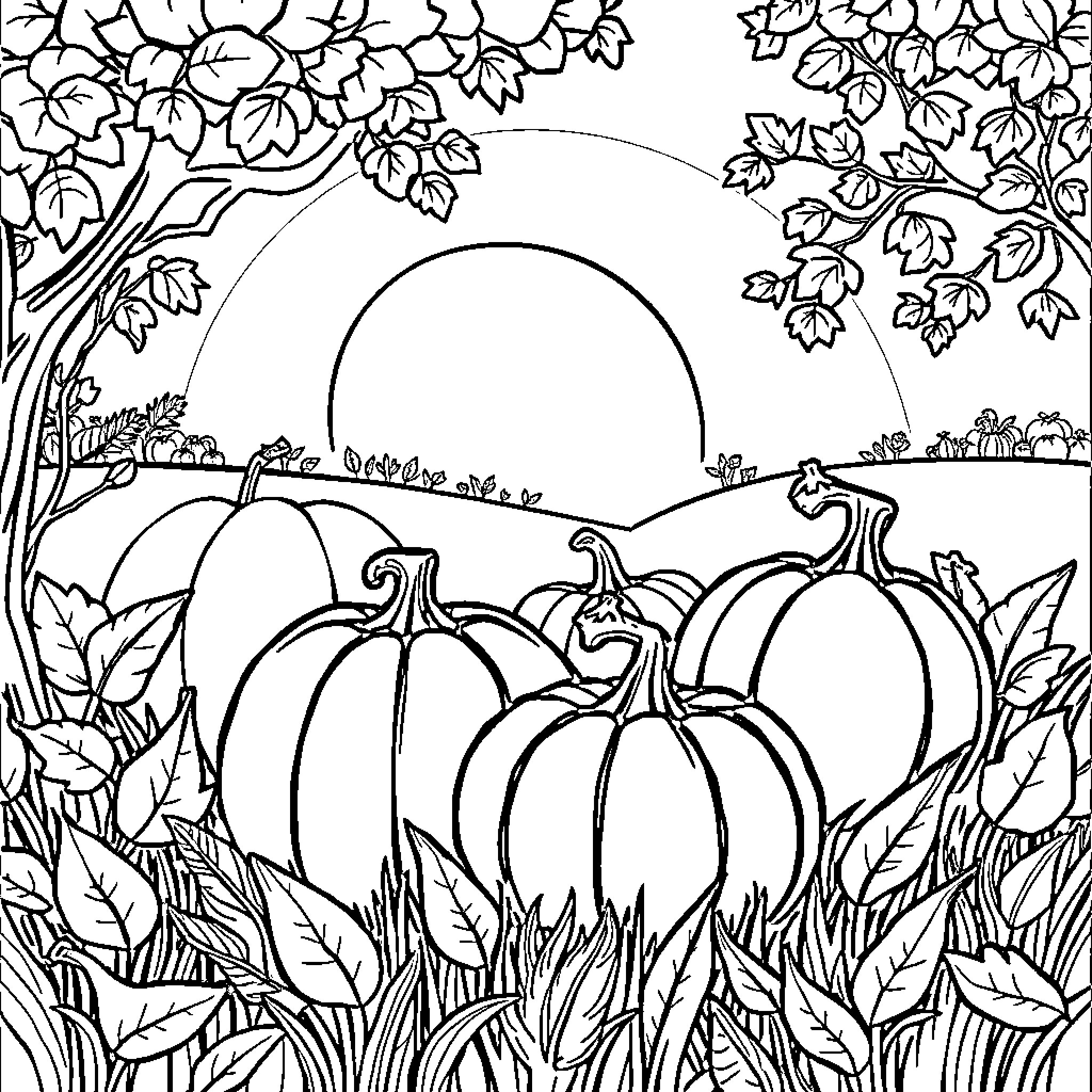 Pumpkins in a Scenic Autumn Landscape Coloring Page (free black-and-white line drawing printable PDF for all, from beginners to advanced learners, including children, teens, adults, and seniors)