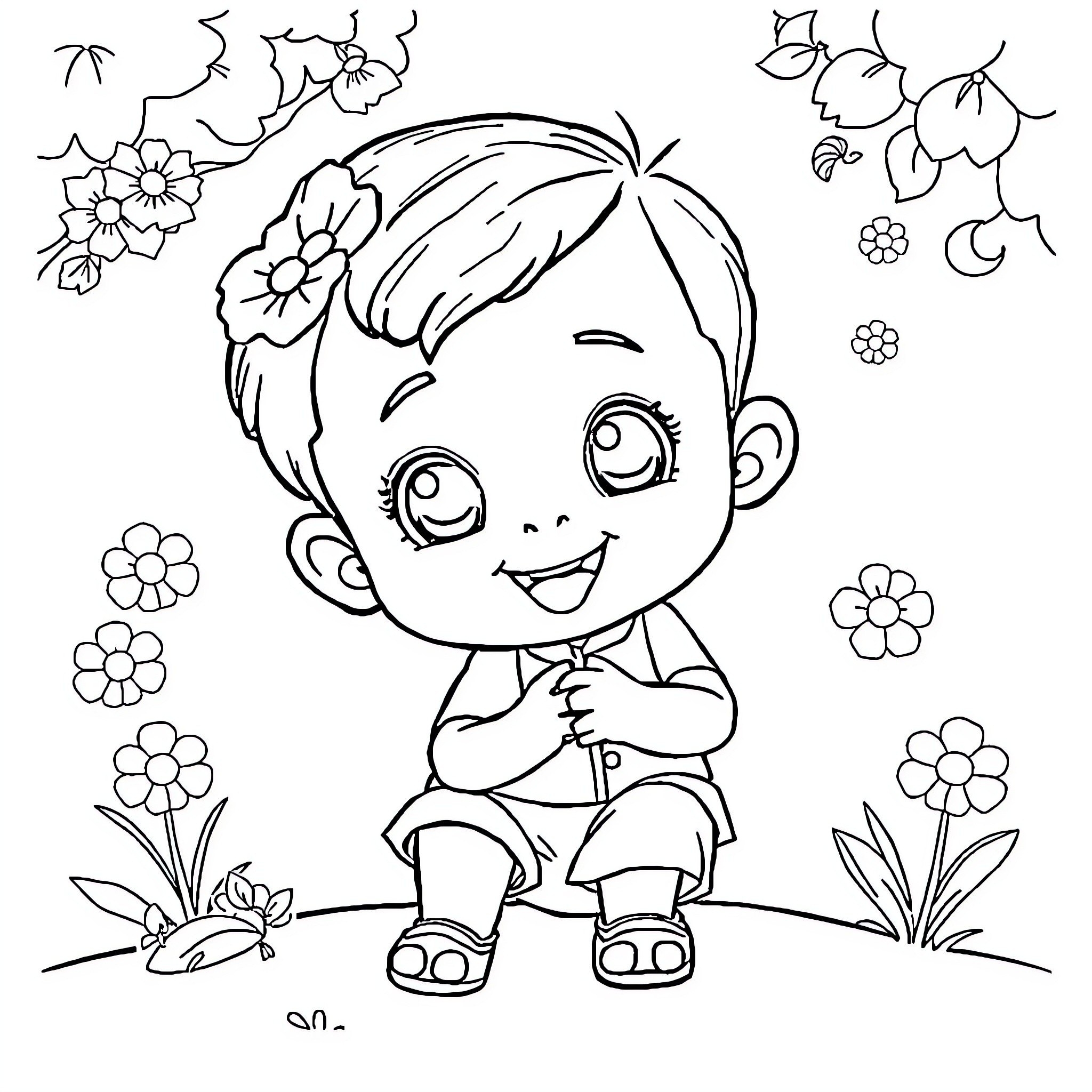 Children Cartoon Happy Boy in Floral Garden Coloring Page (free black-and-white line drawing printable PDF for all, from beginners to advanced learners, including children, teens, adults, and seniors)