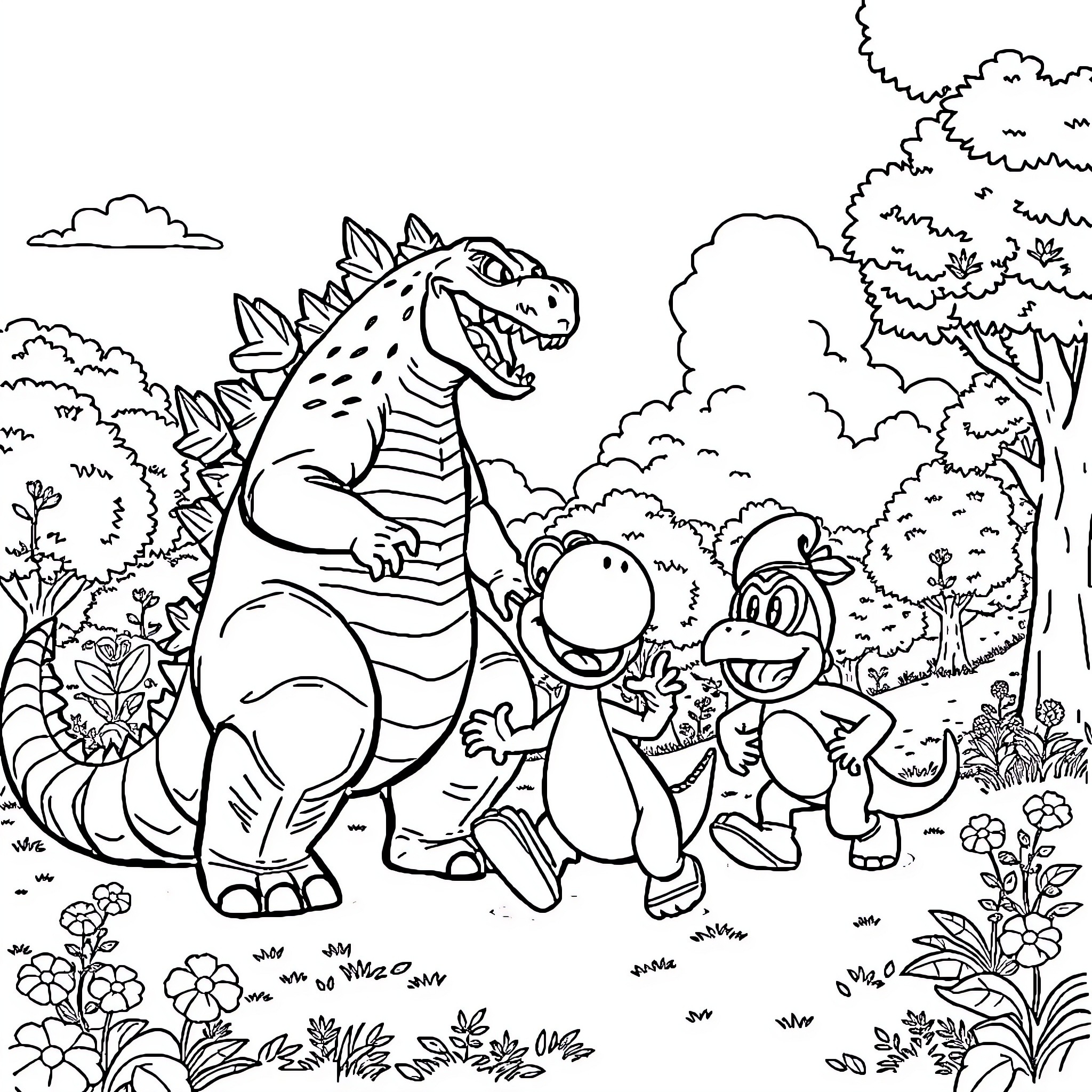 Godzilla and Cartoon Characters in a Colorful Landscape Coloring Page (free black-and-white line drawing printable PDF for all, from beginners to advanced learners, including children, teens, adults, and seniors)