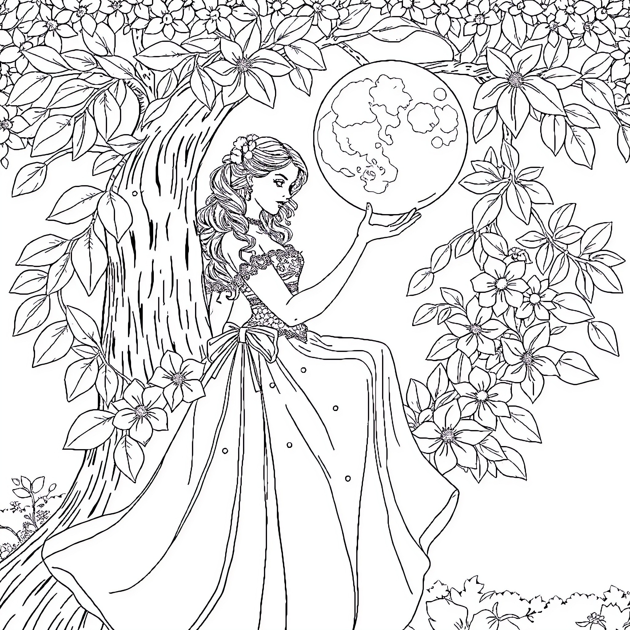 Chica holds earth in floral garden Coloring Page (free black-and-white line drawing printable PDF for all, from beginners to advanced learners, including children, teens, adults, and seniors)