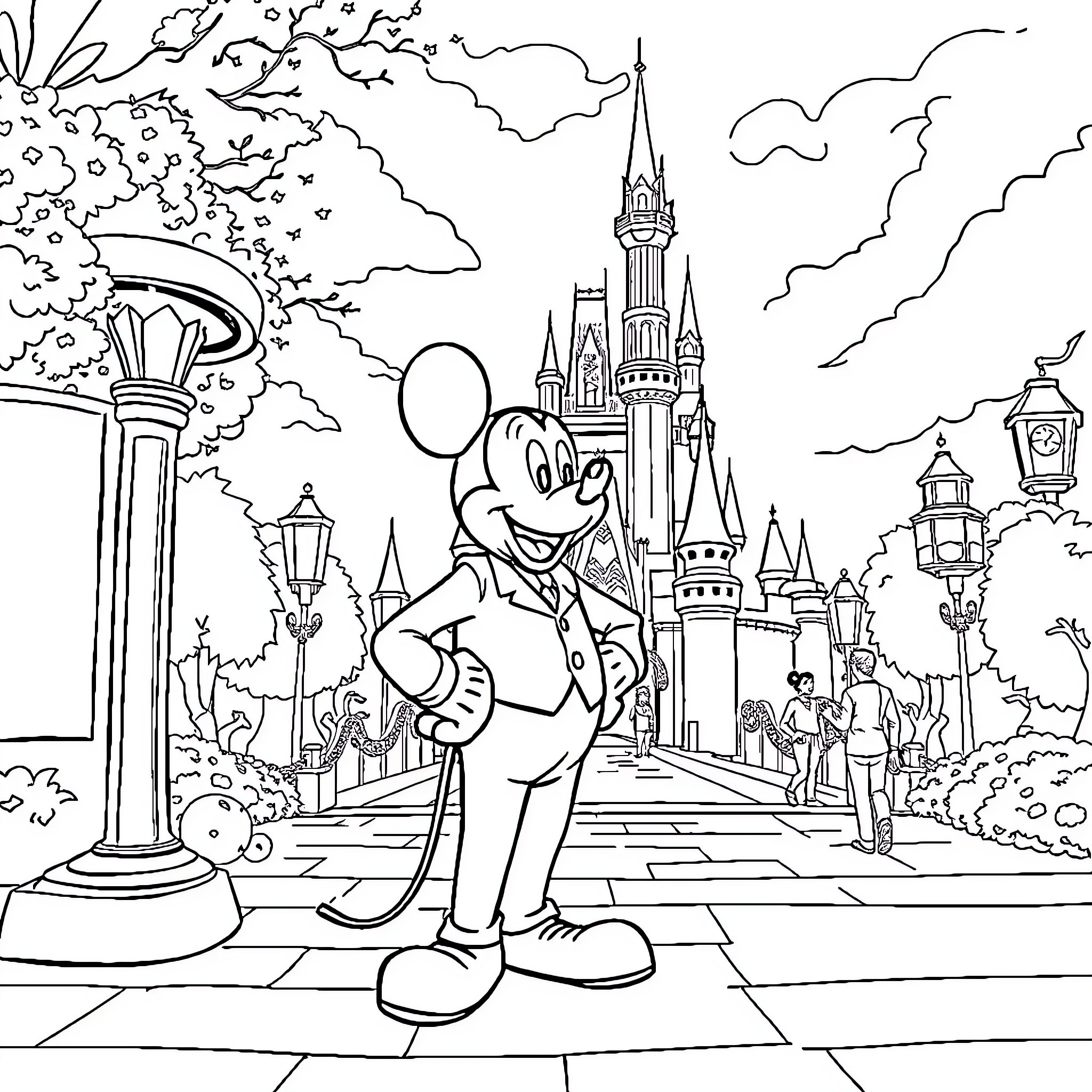 Walt Disney's Iconic Character in Magical Theme Park Coloring Page (free black-and-white line drawing printable PDF for all, from beginners to advanced learners, including children, teens, adults, and seniors)