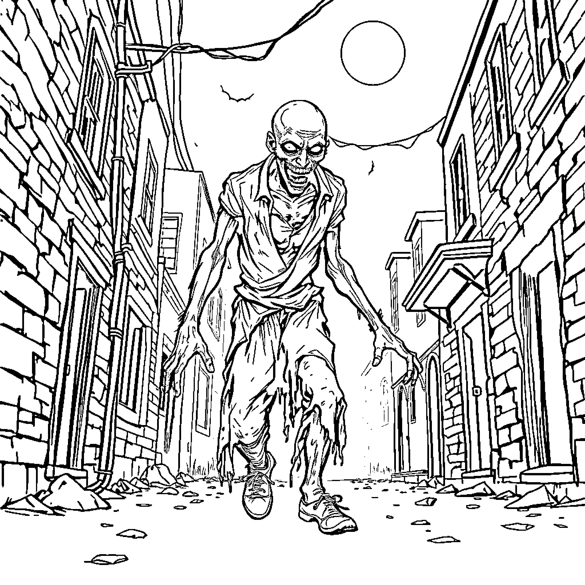 Zombie Roaming the Desolate City Streets Coloring Page (free black-and-white line drawing printable PDF for all, from beginners to advanced learners, including children, teens, adults, and seniors)