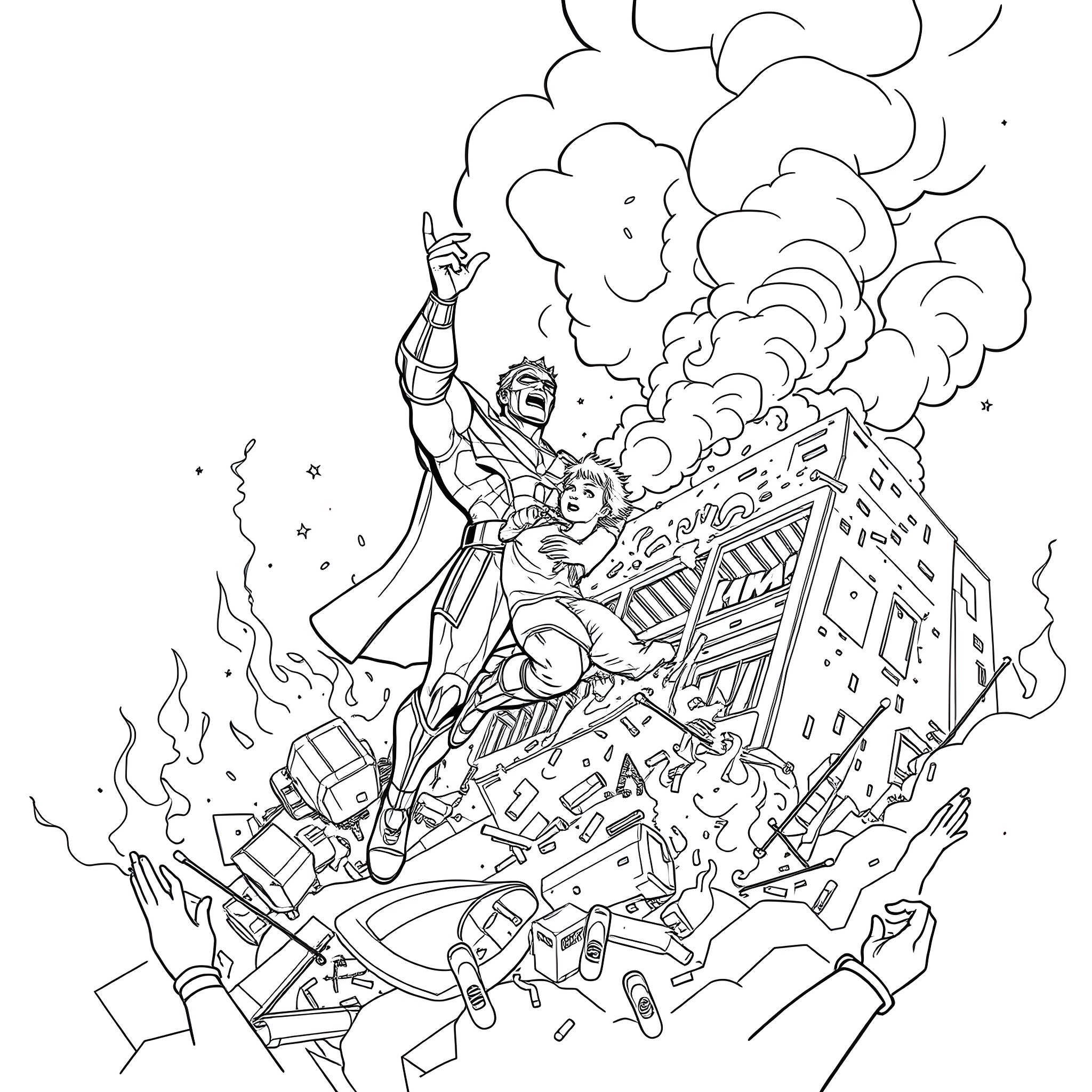 All Might Heroically Saving Citizens from Disaster Coloring Page (free black-and-white line drawing printable PDF for all, from beginners to advanced learners, including children, teens, adults, and seniors)