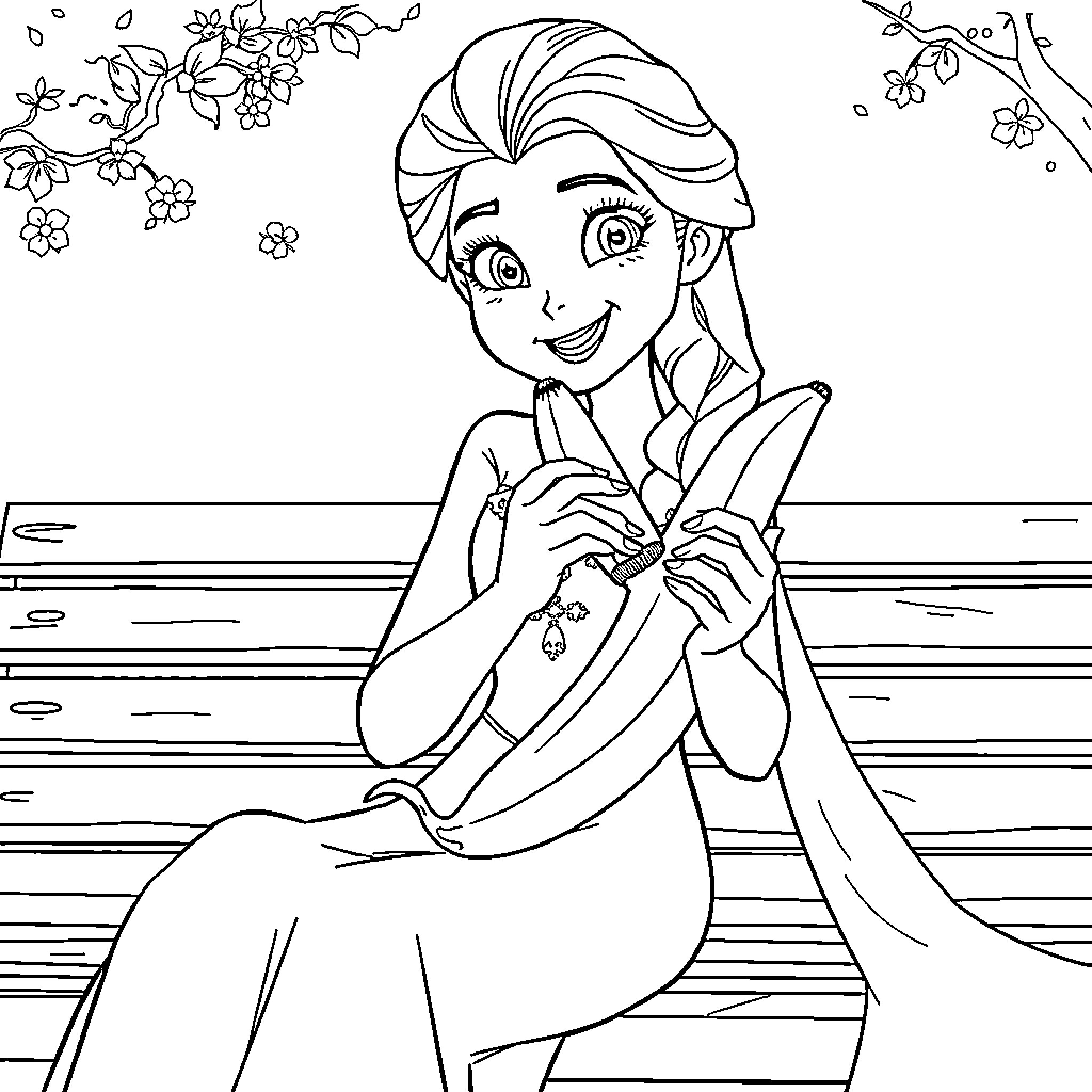 Elsa sitting on a bench with flowers Coloring Page (free black-and-white line drawing printable PDF for all, from beginners to advanced learners, including children, teens, adults, and seniors)