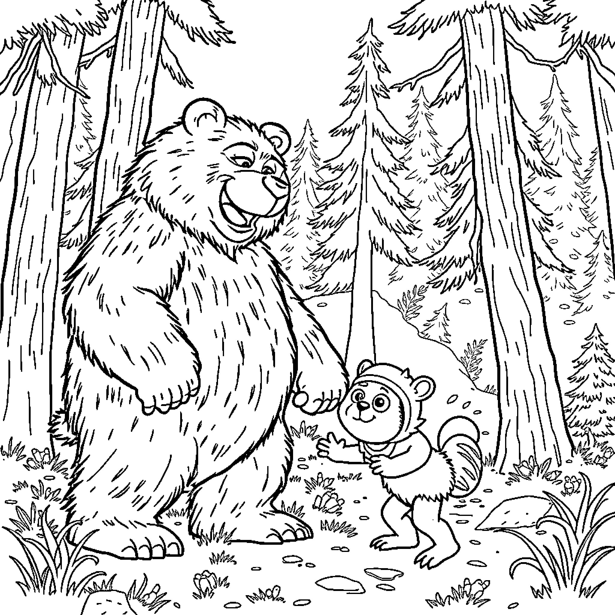 Smokey Bear meets friendly forest animals Coloring Page (free black-and-white line drawing printable PDF for all, from beginners to advanced learners, including children, teens, adults, and seniors)