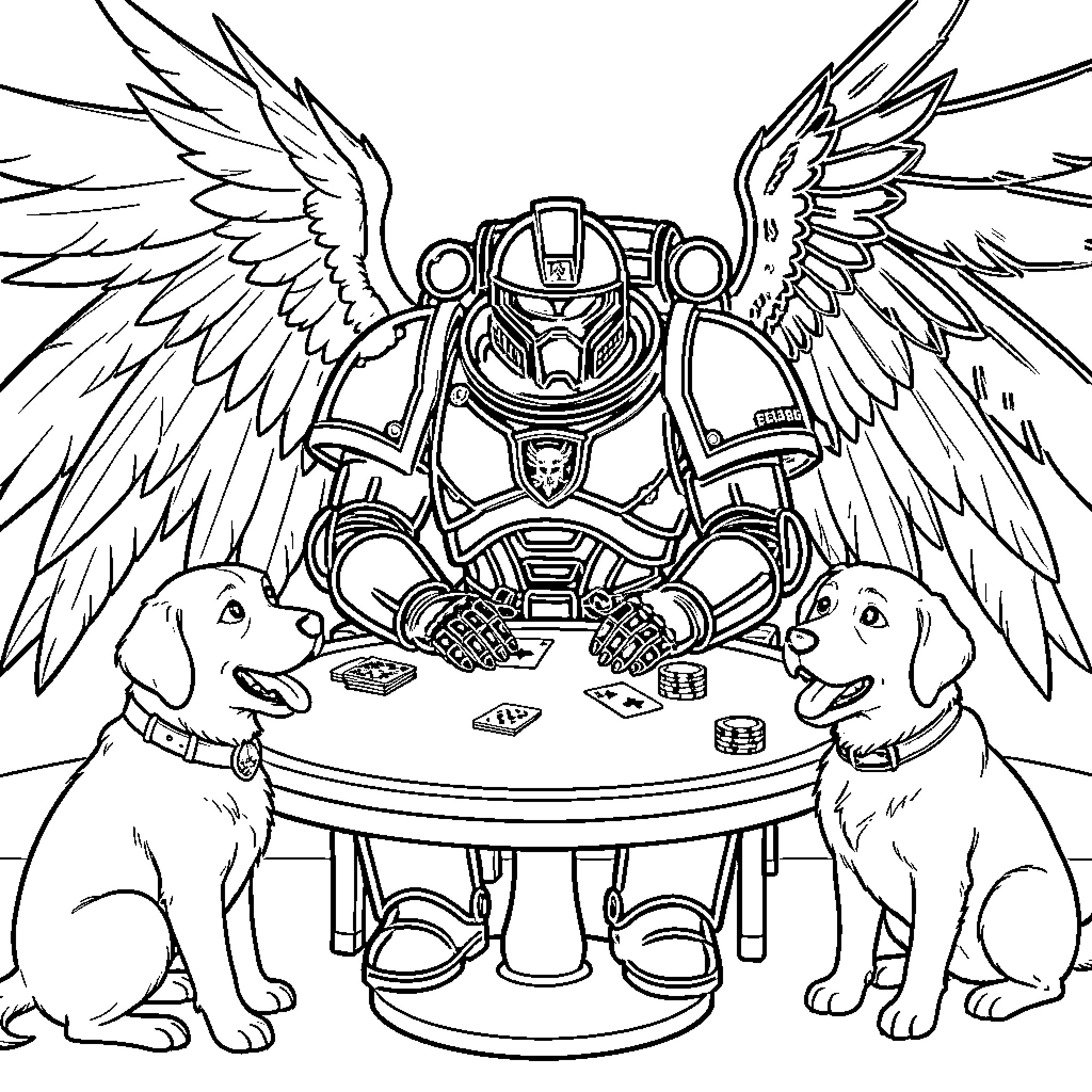 Angel in armor playing cards with two puppies Coloring Page (free black-and-white line drawing printable PDF for all, from beginners to advanced learners, including children, teens, adults, and seniors)