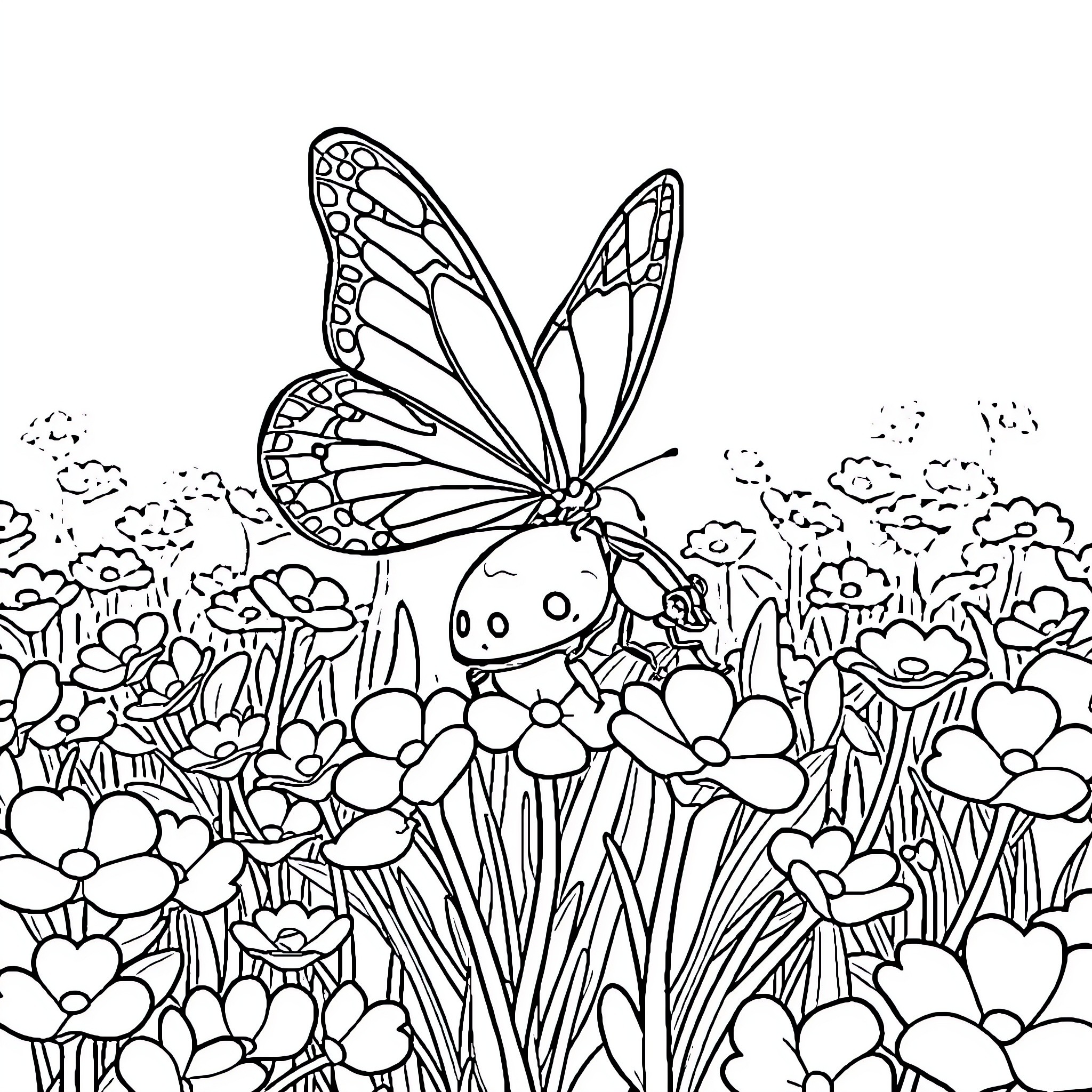 Butterfly Resting Amidst Colorful Flowers Coloring Page (free black-and-white line drawing printable PDF for all, from beginners to advanced learners, including children, teens, adults, and seniors)